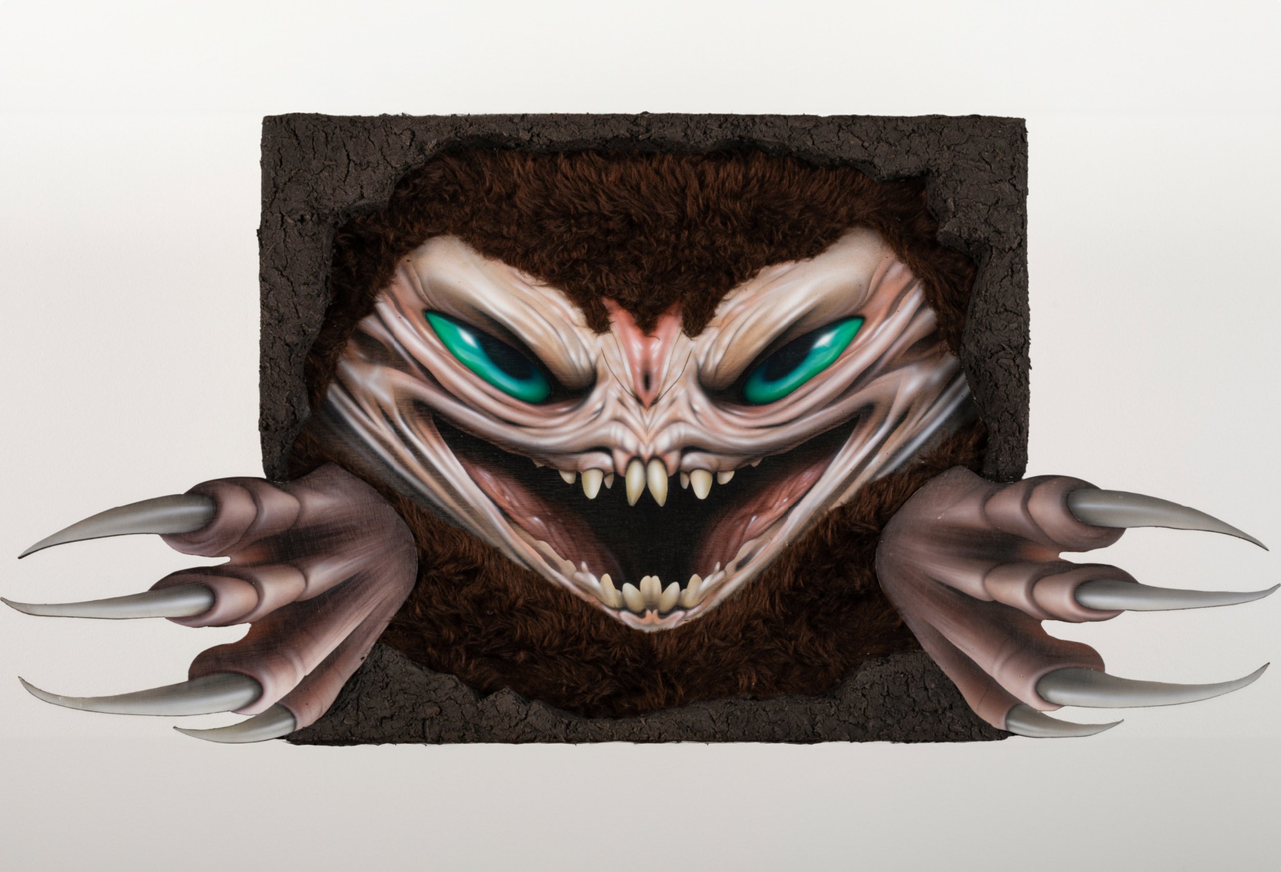 “There’s No One Way to Describe the Sound of a Rat in a Wall”, 2024, acrylic, mud, polystyrene foam board, epoxy, artificial fur, grout on wooden panel, 70 x 40 x 9 cm, 27.5 x 15.7 x 3.5 in