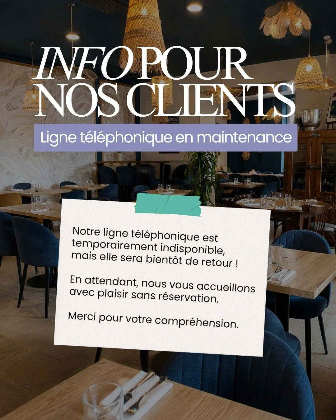 📢 Info pour nos clients : notre ligne t&eacute;l&eacute;phonique est temporairement indisponible ! Mais pas de panique, elle sera bient&ocirc;t l&agrave; ! Nous vous communiquerons le num&eacute;ro de t&eacute;l&eacute;phone pour vos prochaines r&ea