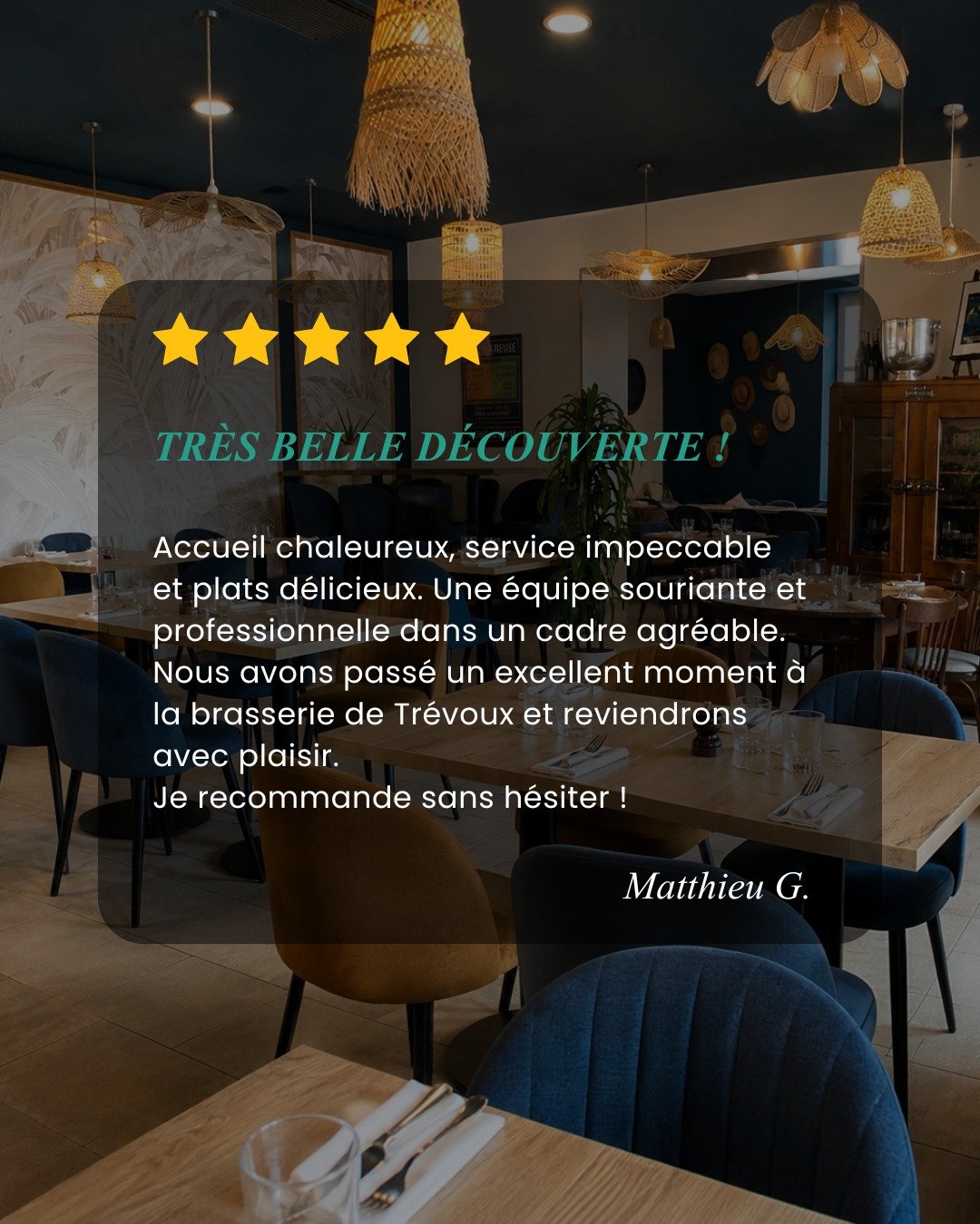 Un immense merci &agrave; Matthieu pour ce joli retour 5 &eacute;toiles 🌟
"Accueil chaleureux, service impeccable et plats d&eacute;licieux" 🥹💙 
Des avis comme celui-ci, &ccedil;a nous donne encore plus d'&eacute;nergie pour vous accueil