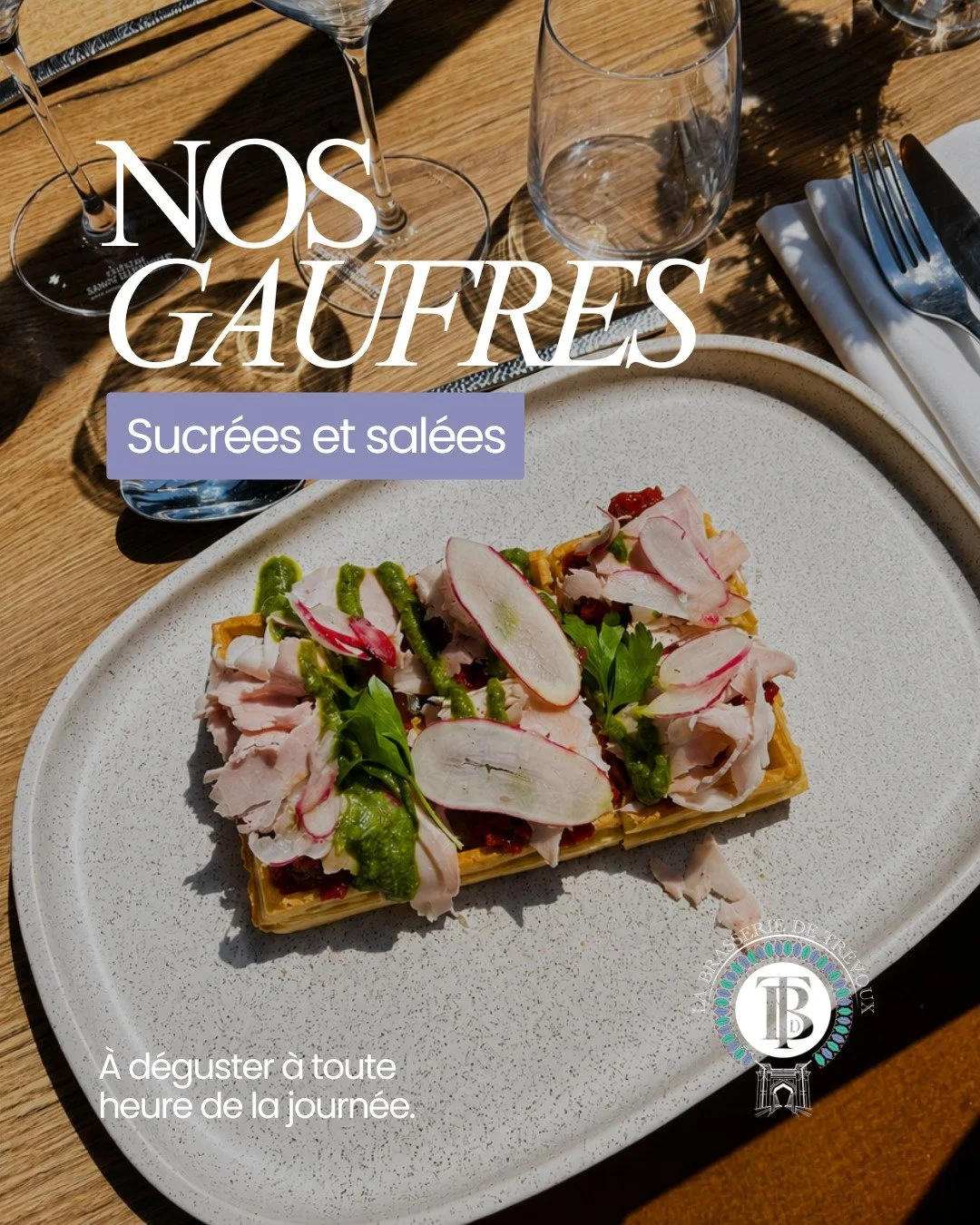 Sucr&eacute;es ou sal&eacute;es, nos gaufres se d&eacute;gustent &agrave; toute heure de la journ&eacute;e 🕐 Craquez pour notre version sal&eacute;e jambon, radis et pesto frais. &Agrave; tester sans plus attendre ! 🍽️ 

#restaurantlyon #trevoux #f