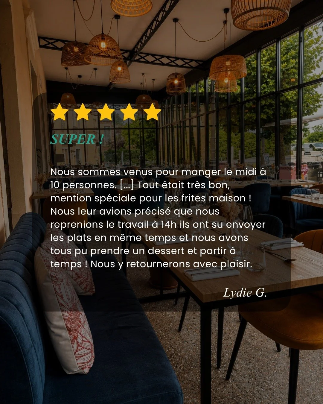 Merci Lydie pour ce bel avis 🙏

10 personnes, une pause d&eacute;jeuner chronom&eacute;tr&eacute;e, et tout le monde a eu le temps de prendre un dessert avant de repartir. On est ravis que vous ayez pass&eacute; un bon moment, et on garde bien en t&