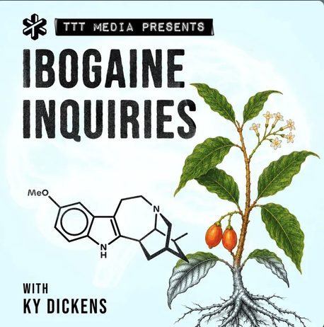 Telepathy Tapes podcast episode cover graphic with molecule and ibogaine plant image