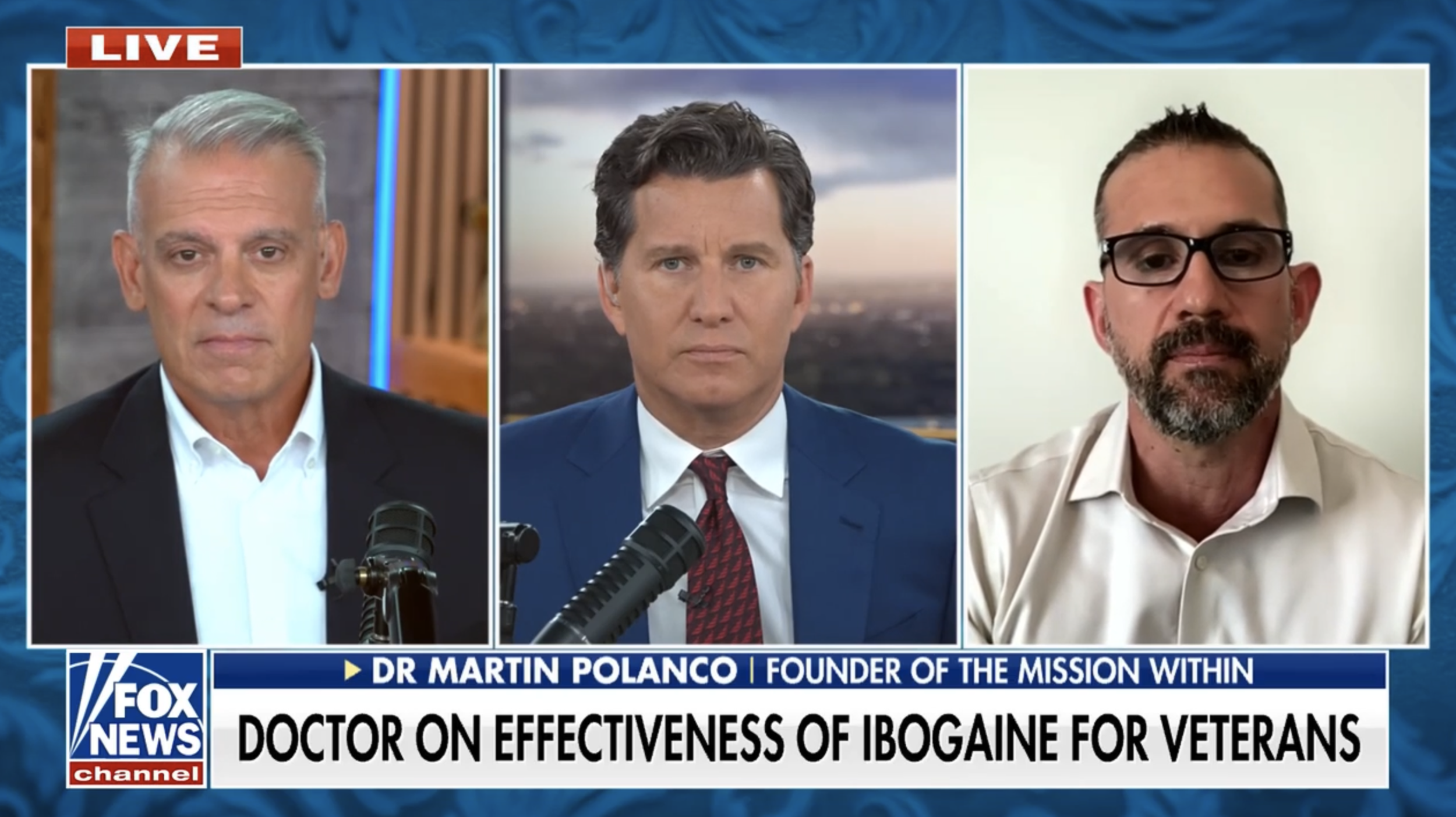 Dr. Martin Polanco, founder of The Mission Within, and Retired Rear Admiral James Hancock on FOX New Live The Will Cain Show talking about ibogaine to help veterans treat PTSD and traumatic brain injuries
