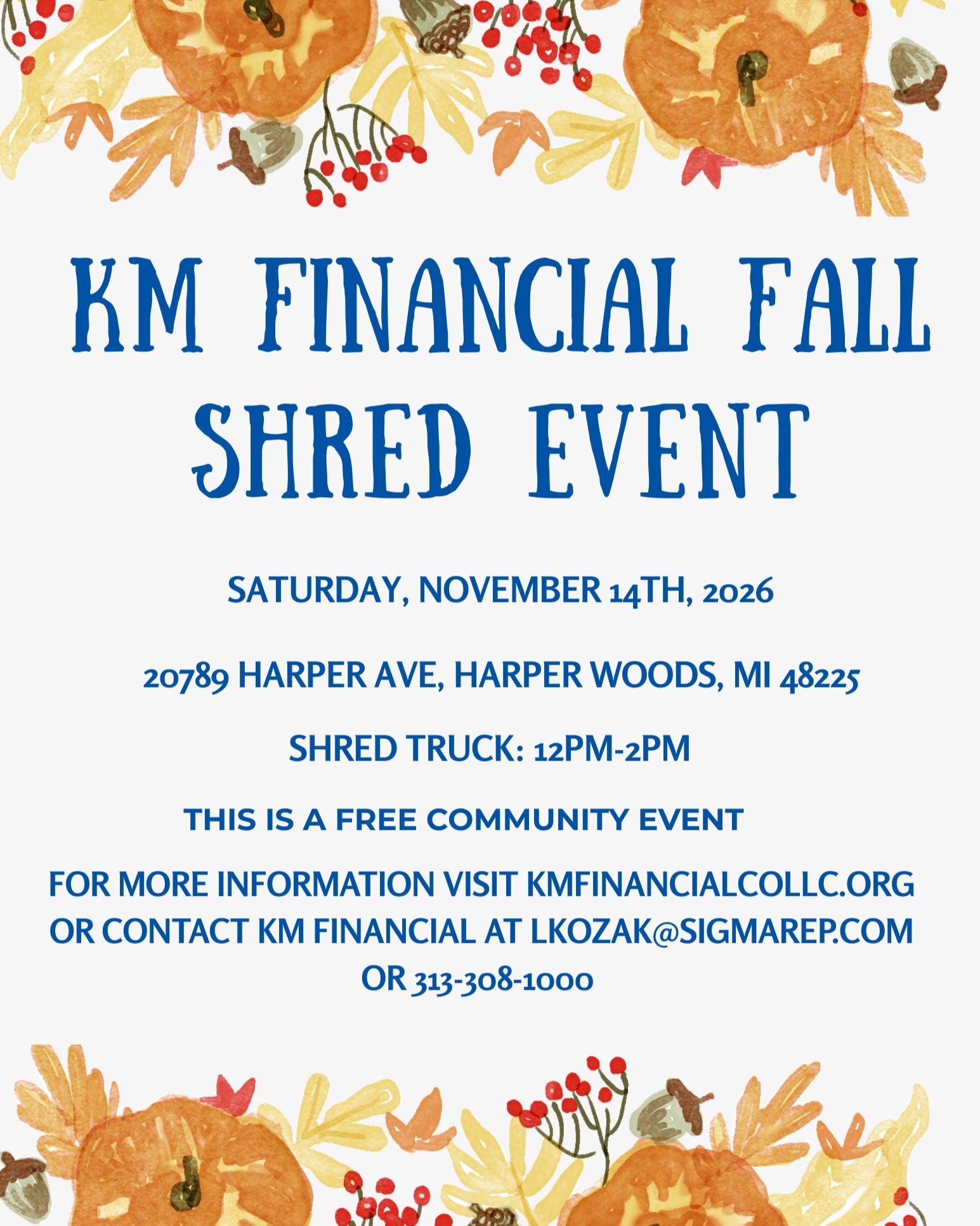 Are you drowning in old papers, settling an estate of a person who kept every single paper ever given to them, or just want to tidy up around the house? Well, you&rsquo;re in luck!

On Saturday, November 14th from 12pm-2pm, KM Financial Co, LLC will 