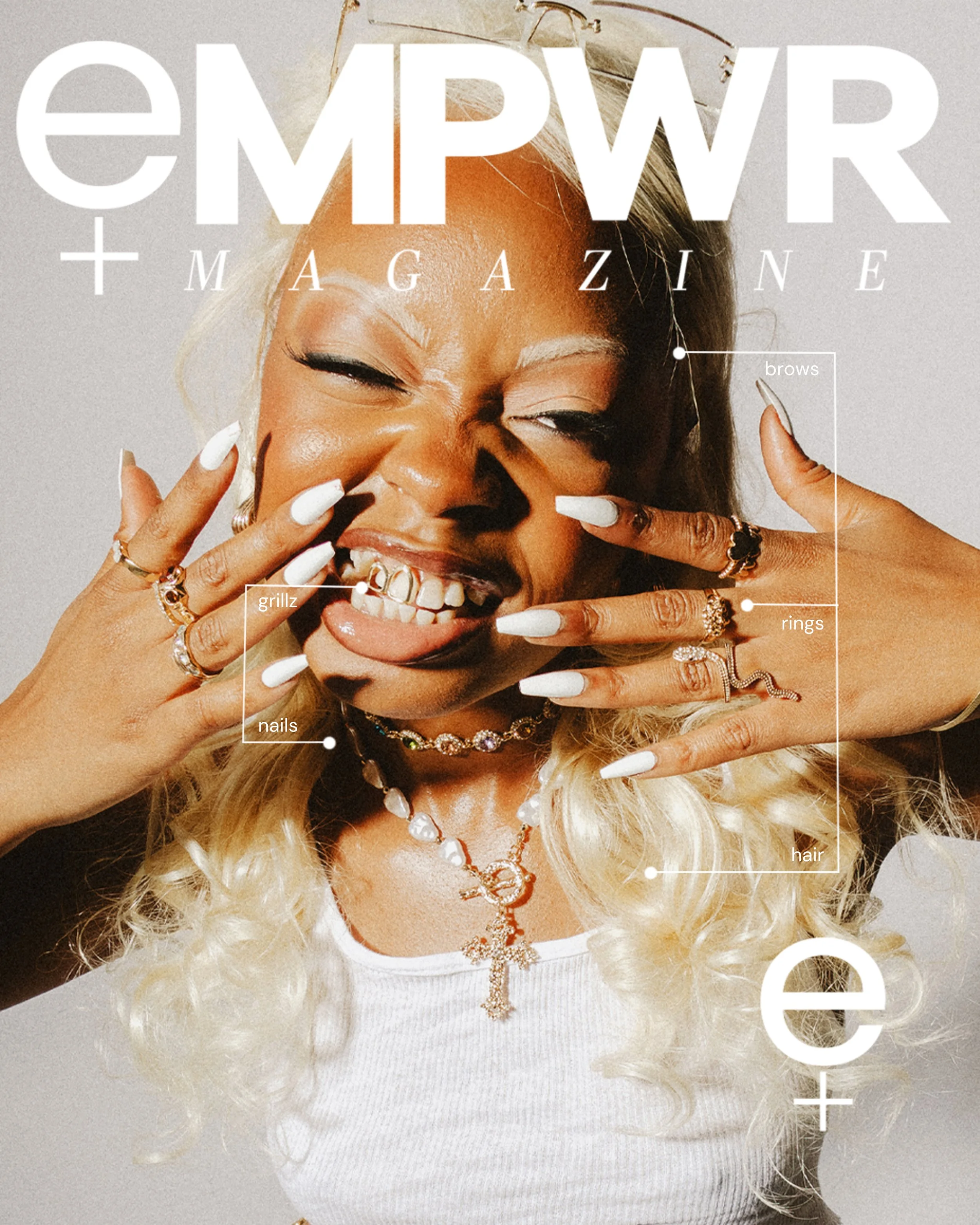 Close-up of a smiling woman with long blond hair, showing her teeth and wearing jewelry, jewelry, and white top, with text overlay related to magazine branding. Bleached brows, edgy high fashion makeup.