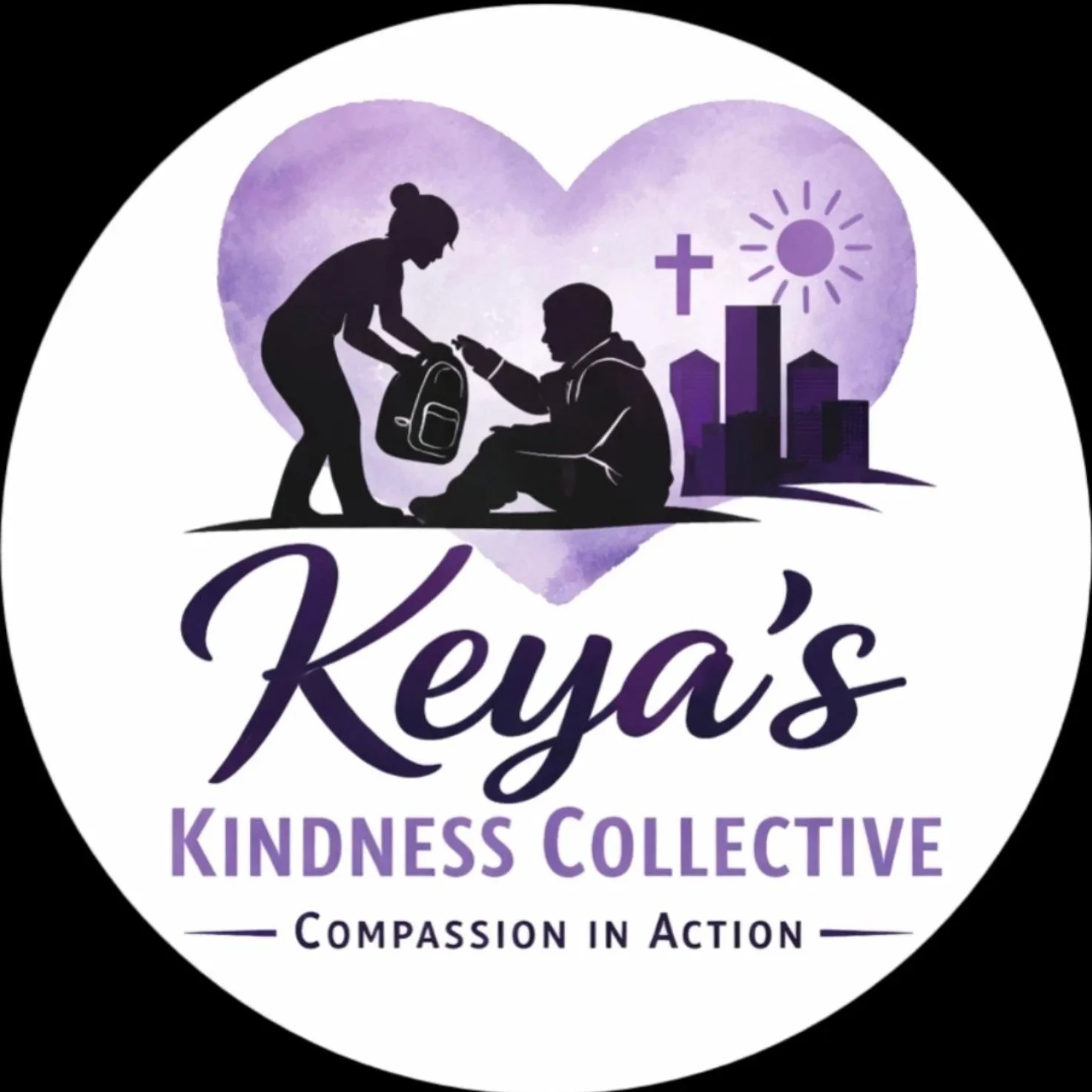 Logo for Keya's Kindness Collective featuring silhouetted figures of a girl helping a boy, city skyline, purple heart, and sun, with the text 'Keya's Kindness Collective' and slogan 'Compassion in Action'