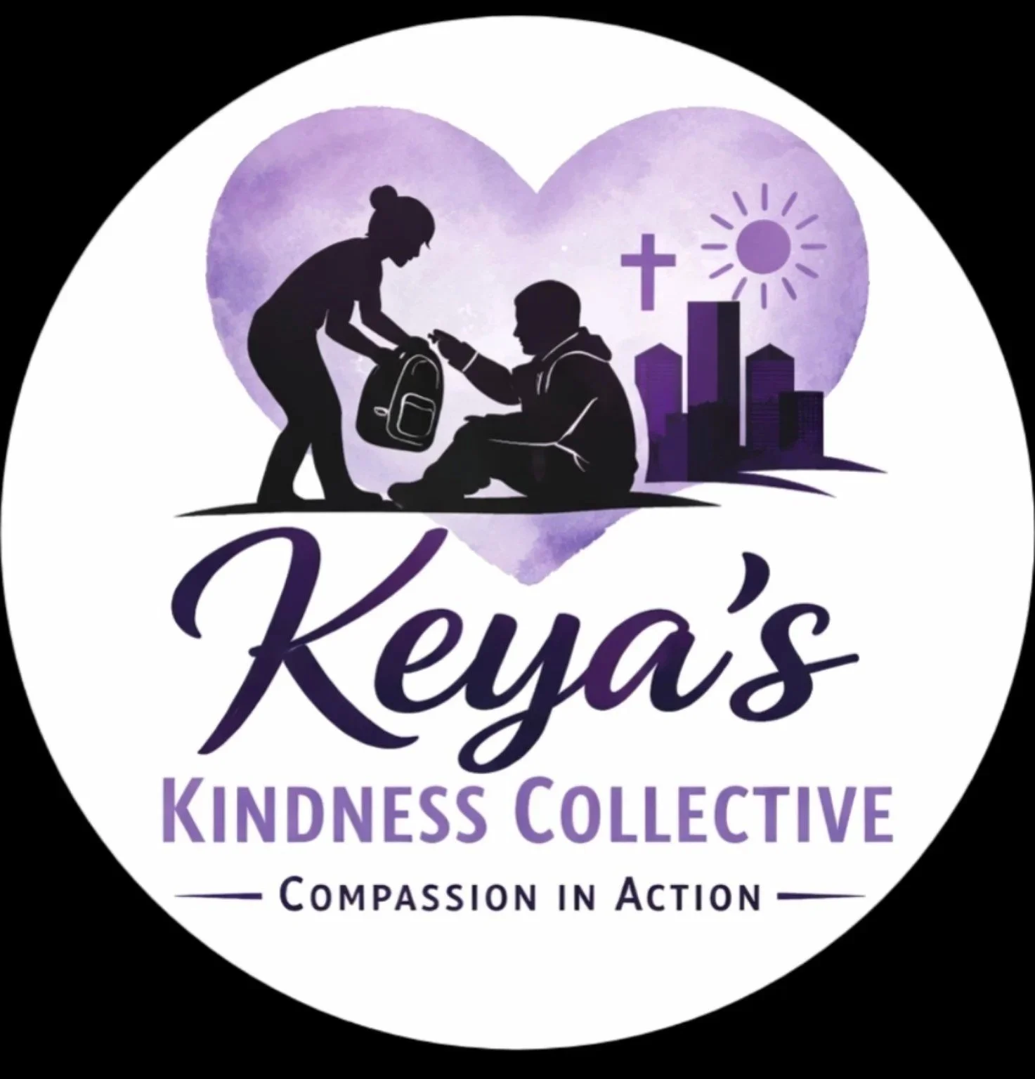 Logo for Keya's Kindness Collective featuring a silhouette of a girl giving a backpack to a seated boy, with a city skyline, a cross, and a sun in a purple heart, and the words 'Keya's Kindness Collective' and 'Compassion in Action'.