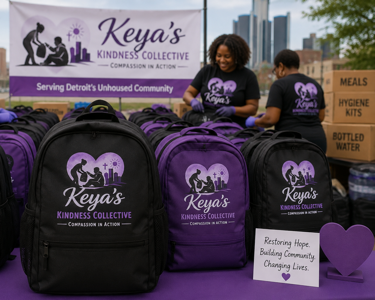 Black and purple backpacks with Keya's Kindness Collective logo and two women packing supplies during an outdoor community service event in Detroit, with a banner and boxes labeled 'meals,' 'hygiene kits,' and 'bottled water' in the background.