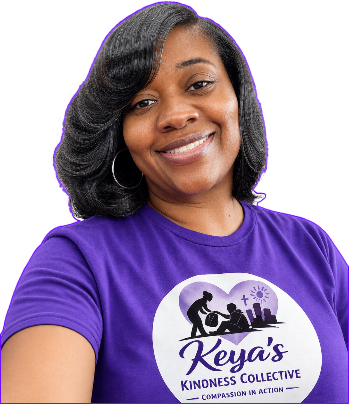 A woman smiling, wearing a purple t-shirt with a logo that reads 'Keya's Kinness Collective: Compassion in Action' and depicts caregivers assisting a person, with a heart in the background.