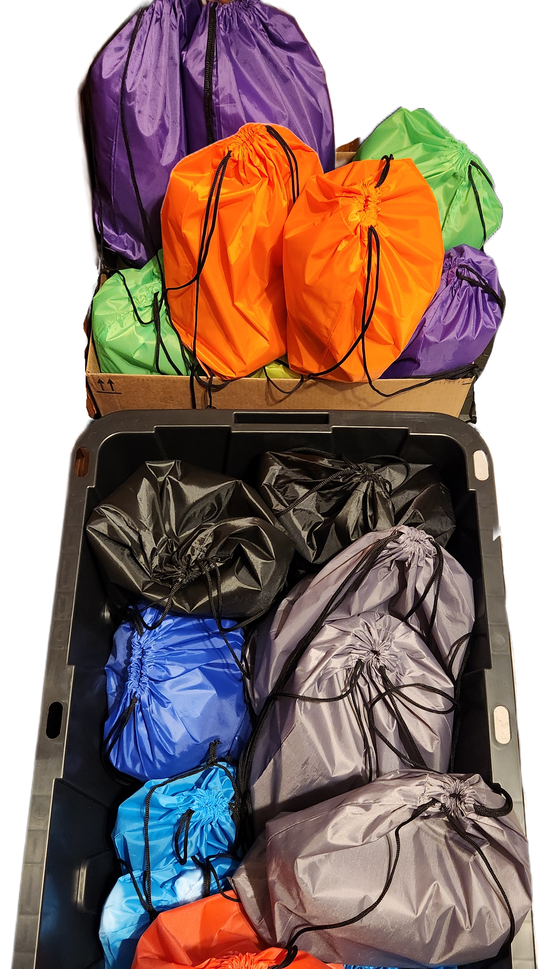 Colorful drawstring bags in orange, purple, green, blue, gray, and black inside a black plastic storage container.