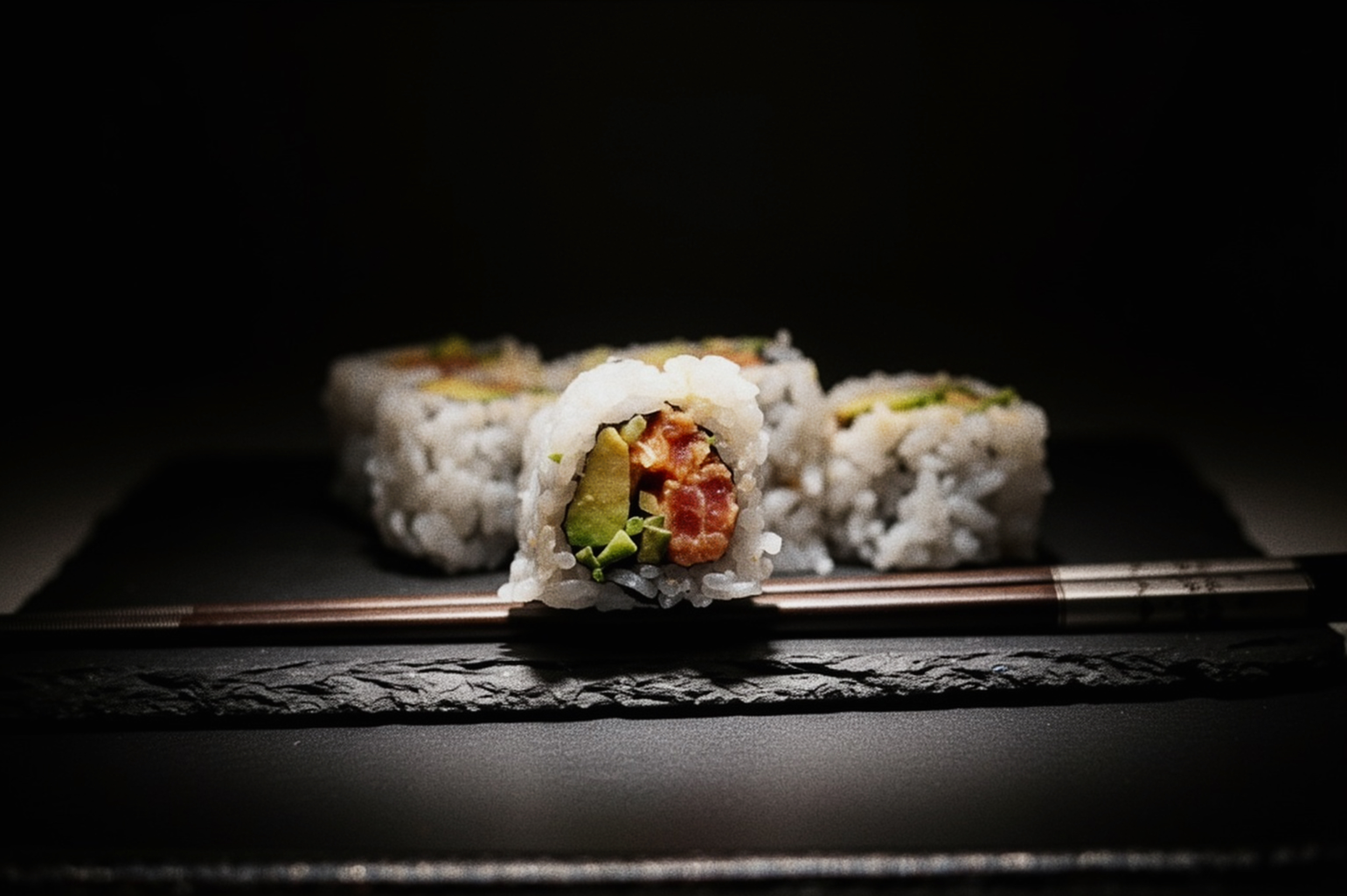 A few pieces of sushi arranged on a dark, textured tray against a black background.