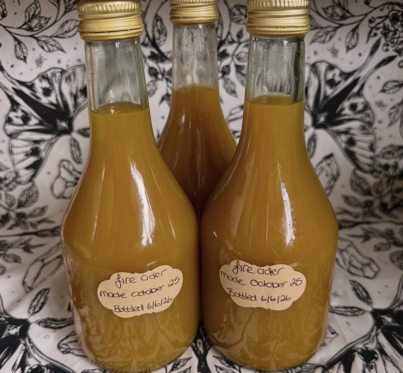 Three bottles of homemade apple cider with yellowish-orange liquid, labeled as 'fire cider,' made on October 25 and bottled on June 6, 26, placed against a black and white floral patterned background.