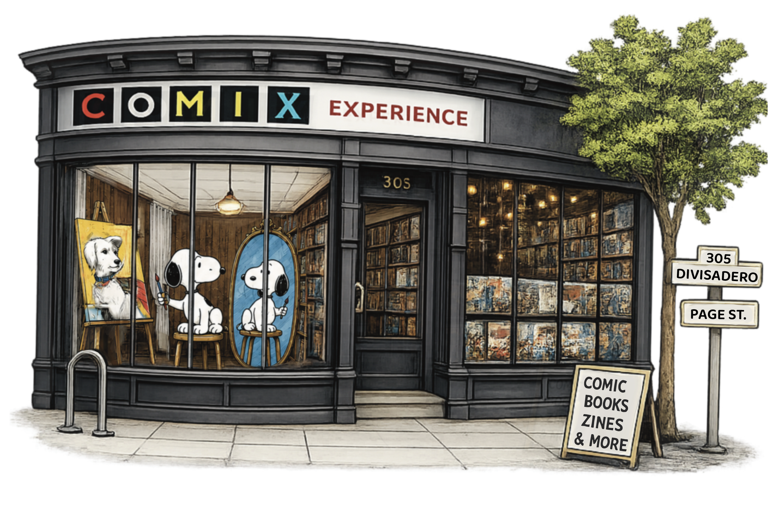 A comic book store with large windows displaying Snoopy and Woodstock artwork on the interior walls. The store has a black exterior with a sign reading 'COMIX EXPERIENCE' and street signs for Divisadero and Page Street outside.