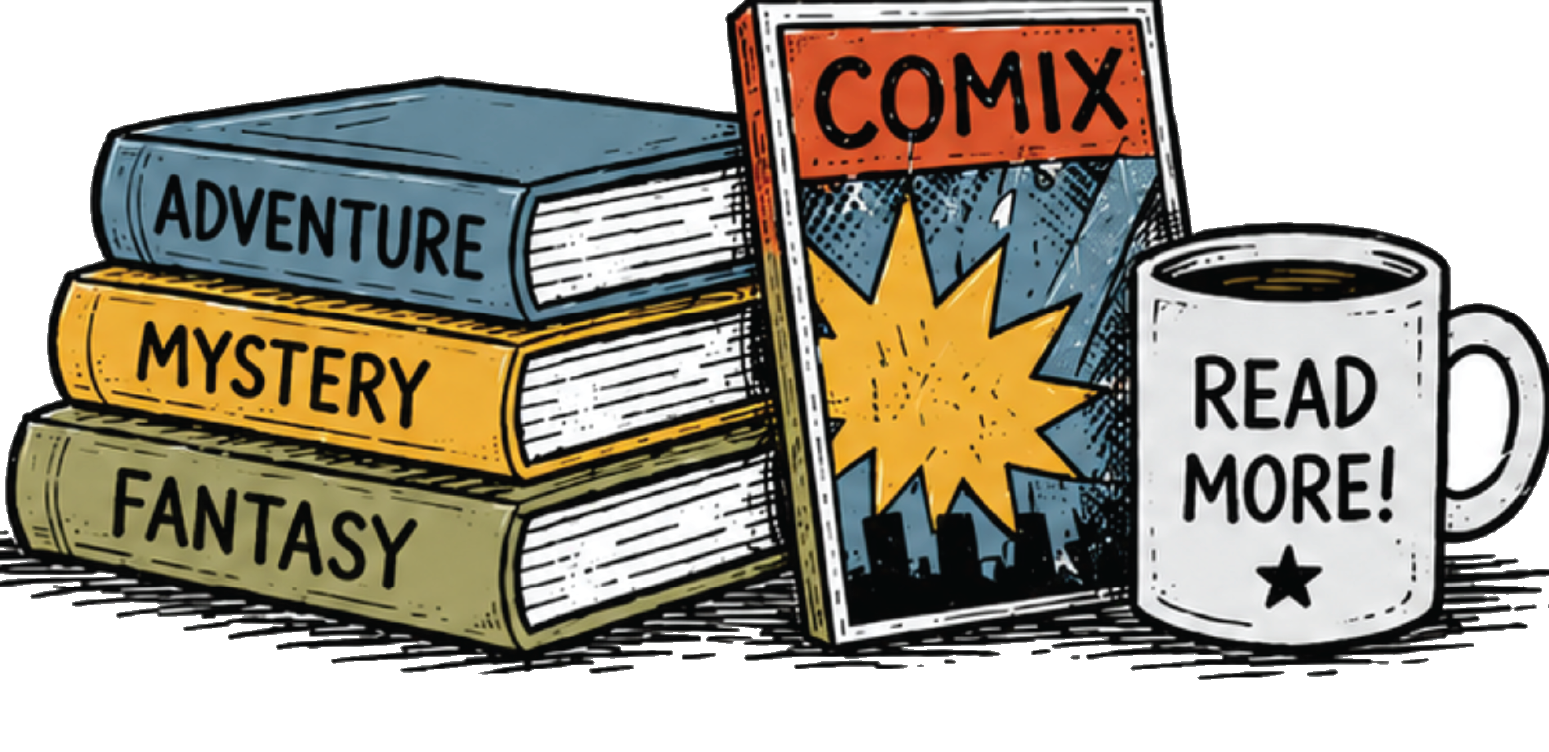 Stack of three colorful books labeled Adventure, Mystery, and Fantasy next to a comic book and a coffee mug with "Read More!" written on it.