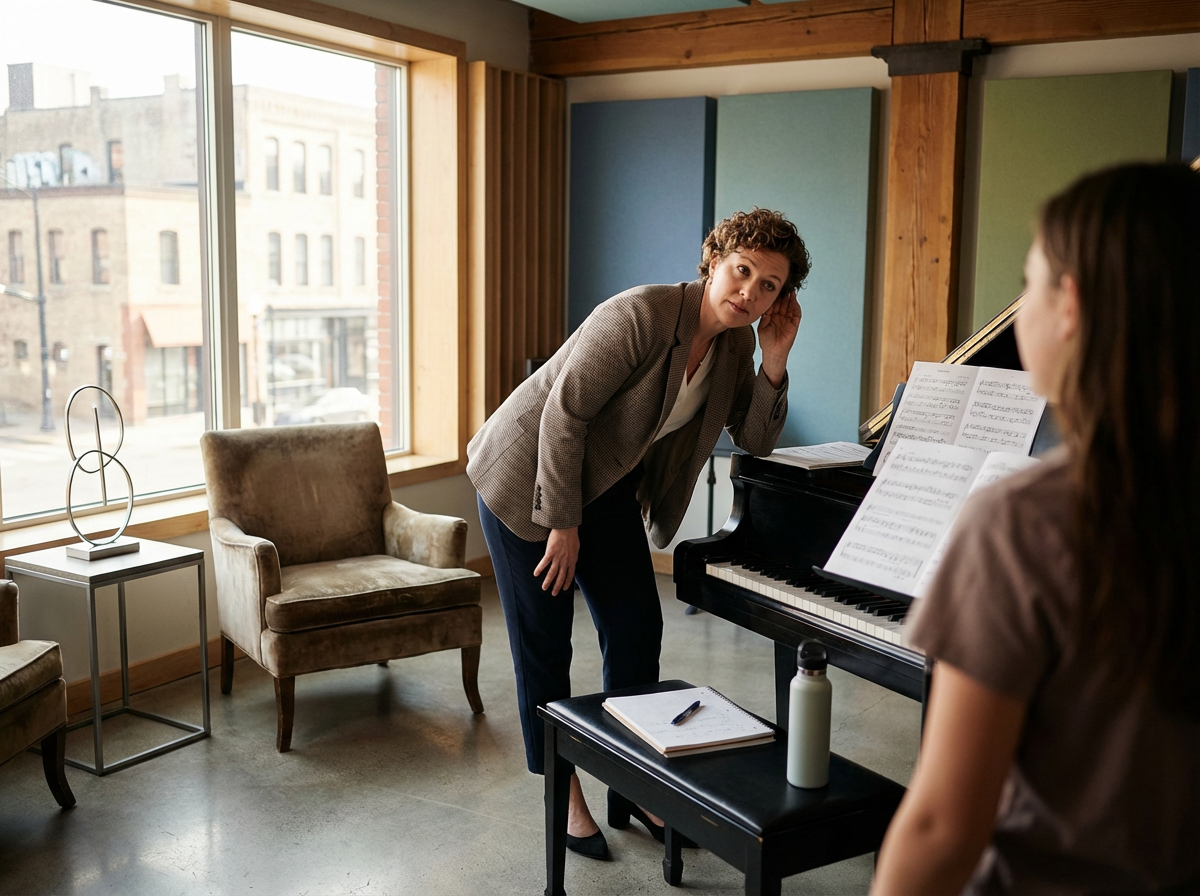 A woman with short curly hair in a blazer is leaning over a piano, talking to a young girl with long hair, who is seated at the piano with sheet music. The room has large windows, two chairs, and modern decor.