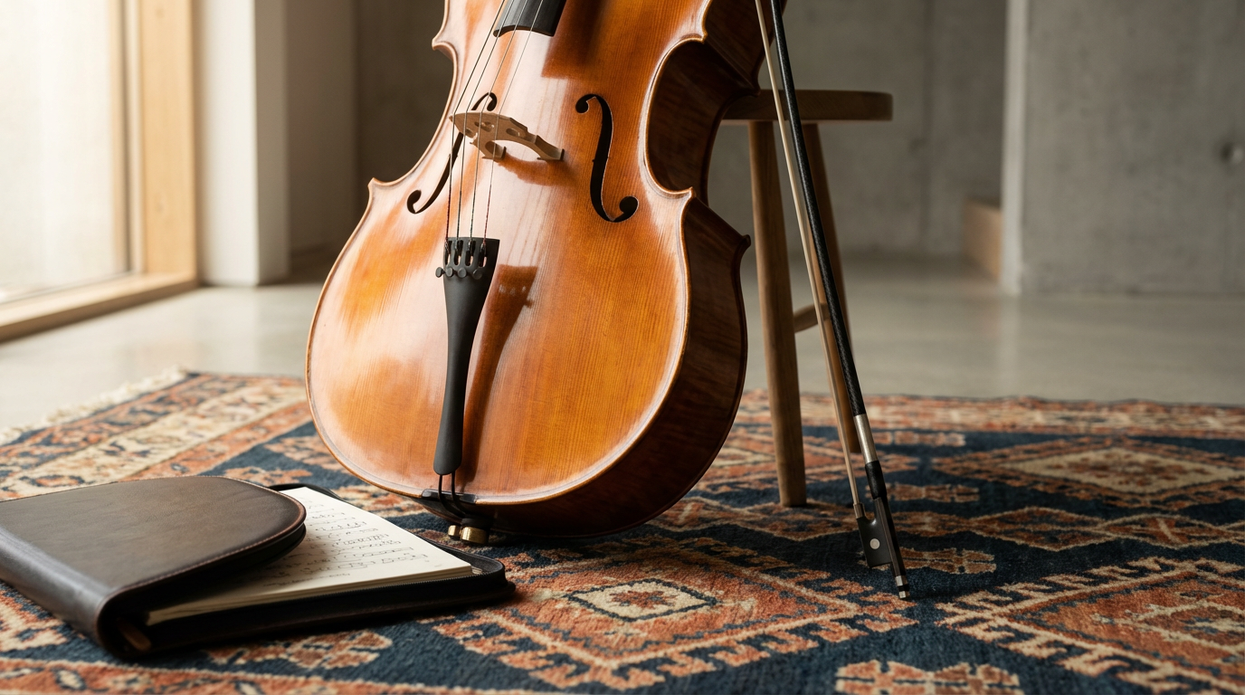A wooden cello resting on a chair on an ornate rug with a music notebook nearby.
