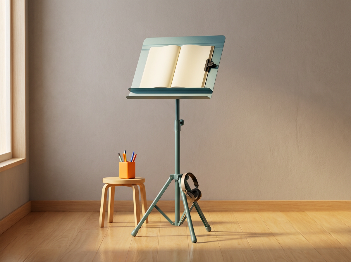 Music stand with an open notebook, a small wooden stool with colored markers, and headphones hanging on the stand in a room with wooden flooring and beige walls.