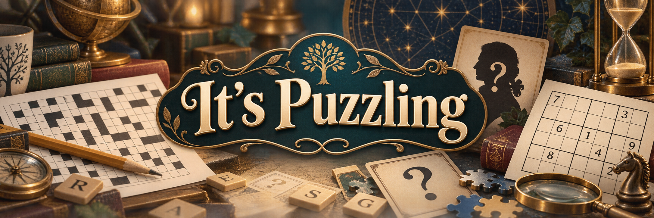 It’s Puzzling banner with a crossword, number puzzle, letter tiles, books and puzzle pieces on a wooden table.