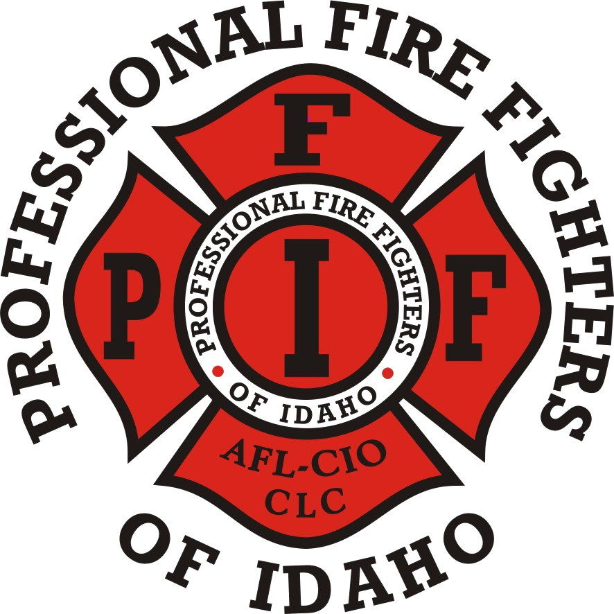 Firefighter emblem with red and black colors, featuring a central circle with the letter 'I', and four quadrants with 'F' and 'P' symbols, surrounded by words 'Professional Fire Fighters of Idaho' and 'IDAHO'.