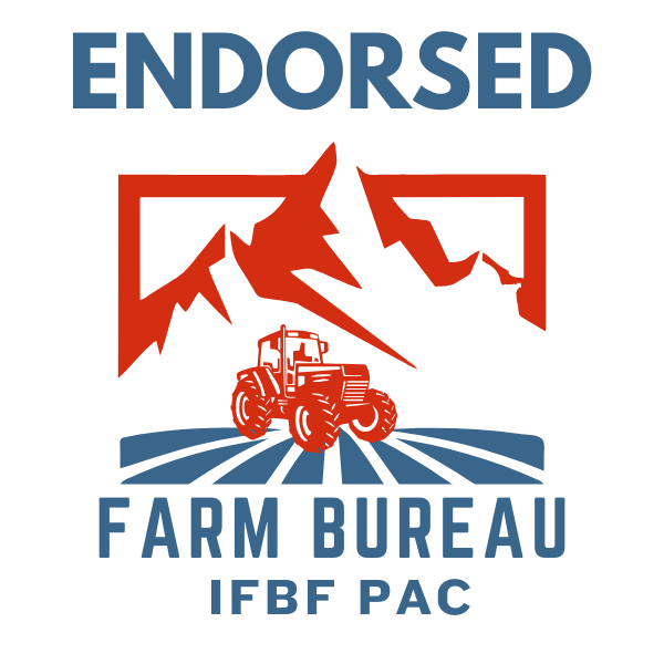 Endorsed Farm Bureau logo featuring a red tractor, a stylized red barn, and a blue outline of farmland with the text 'ENDORSED FARM BUREAU IFBF PAC' in blue.