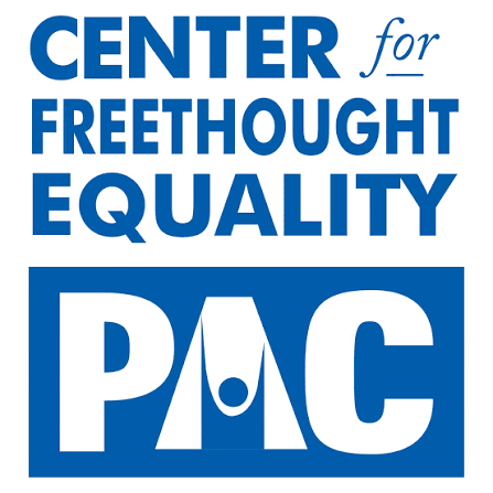 Logo for the Center for Freethought and Equality with the acronym P+C in bold blue letters and a stylized human figure in the center.