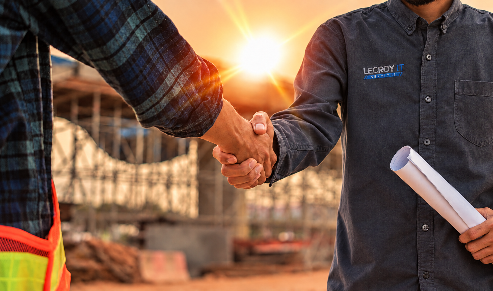 Two construction workers shaking hands at sunset, one holding rolled blueprints, at a construction site.