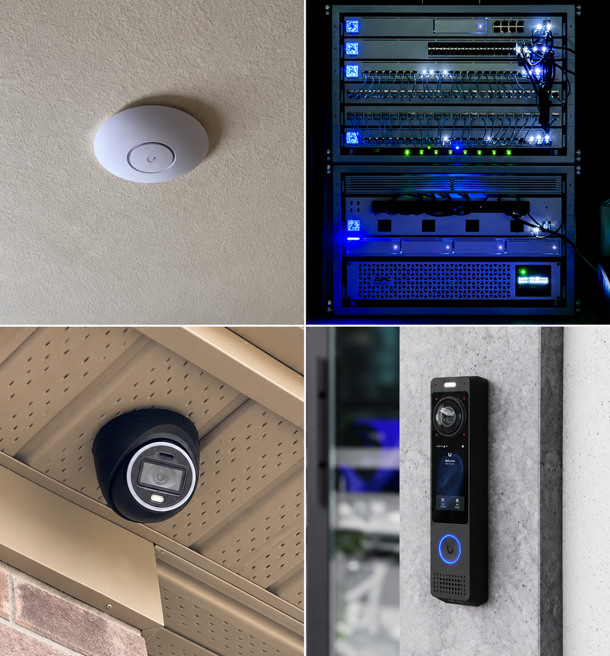 Collage of four different security and technology devices: a smoke detector on a ceiling, an open server rack with blue LED lights, a security camera mounted on a ceiling, and a video doorbell on a wall.