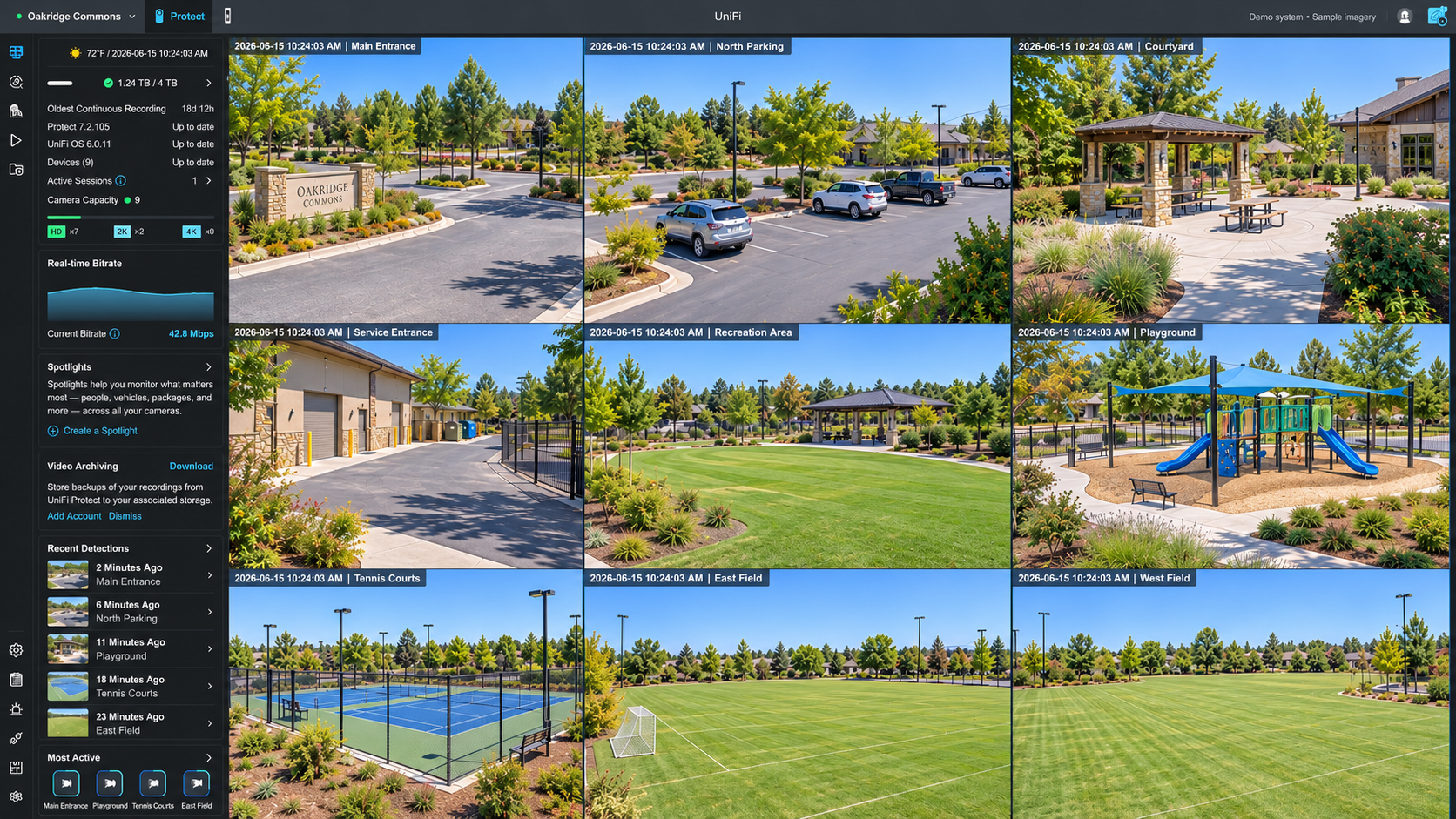 Security camera footage of Oakridge Commons outdoor areas, including parking lot, playground, tennis courts, open fields, and built structures, with natural greenery and trees.