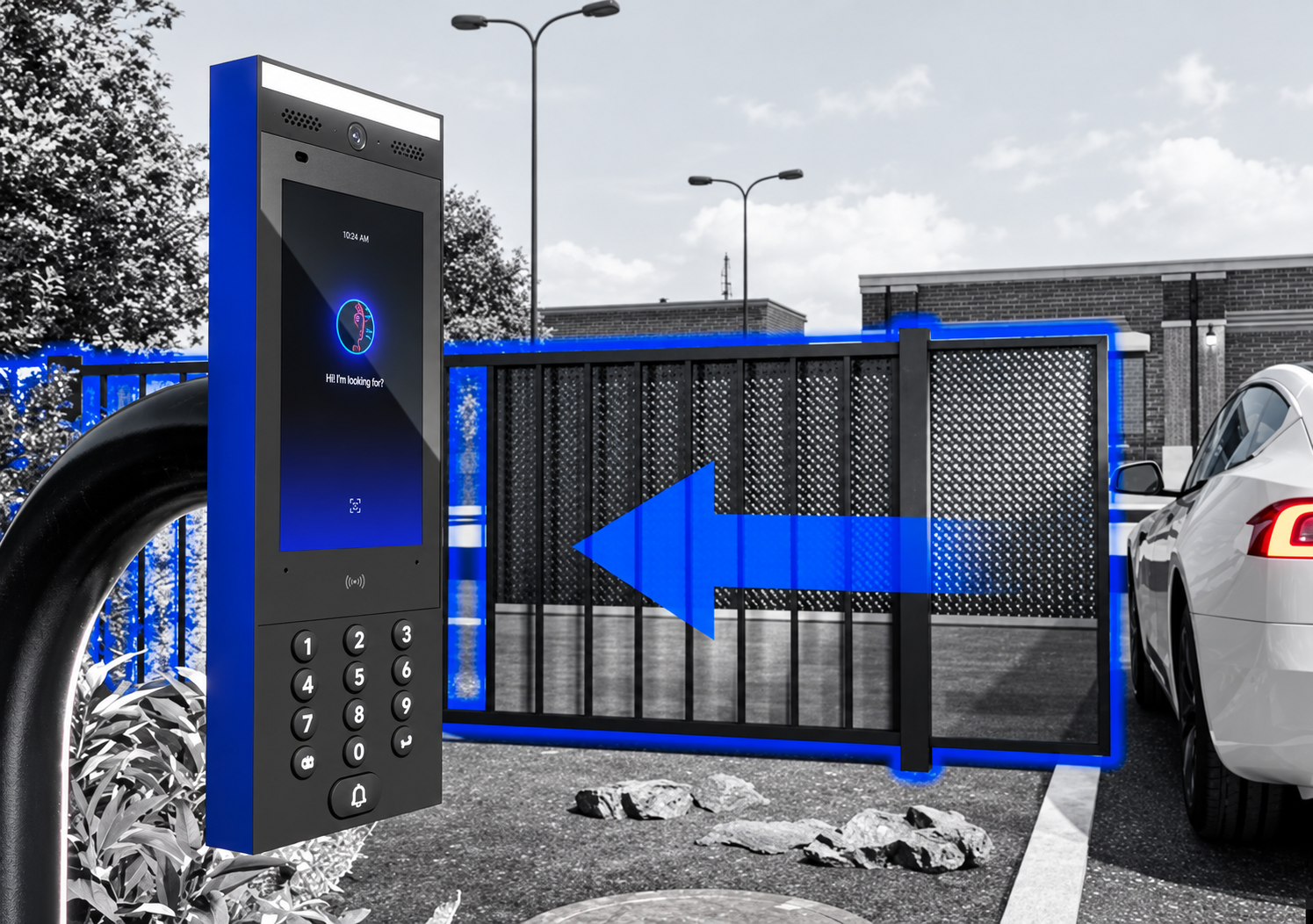 A parking lot entrance with a keypad entry system and a large sliding gate. There is a white car parked to the right. The keypad has a screen displaying a digital clock and a neon sign with a thermometer icon and the message "Hi! I'm looking for?". The sliding gate is black with a blue outline and a blue arrow pointing to the left.