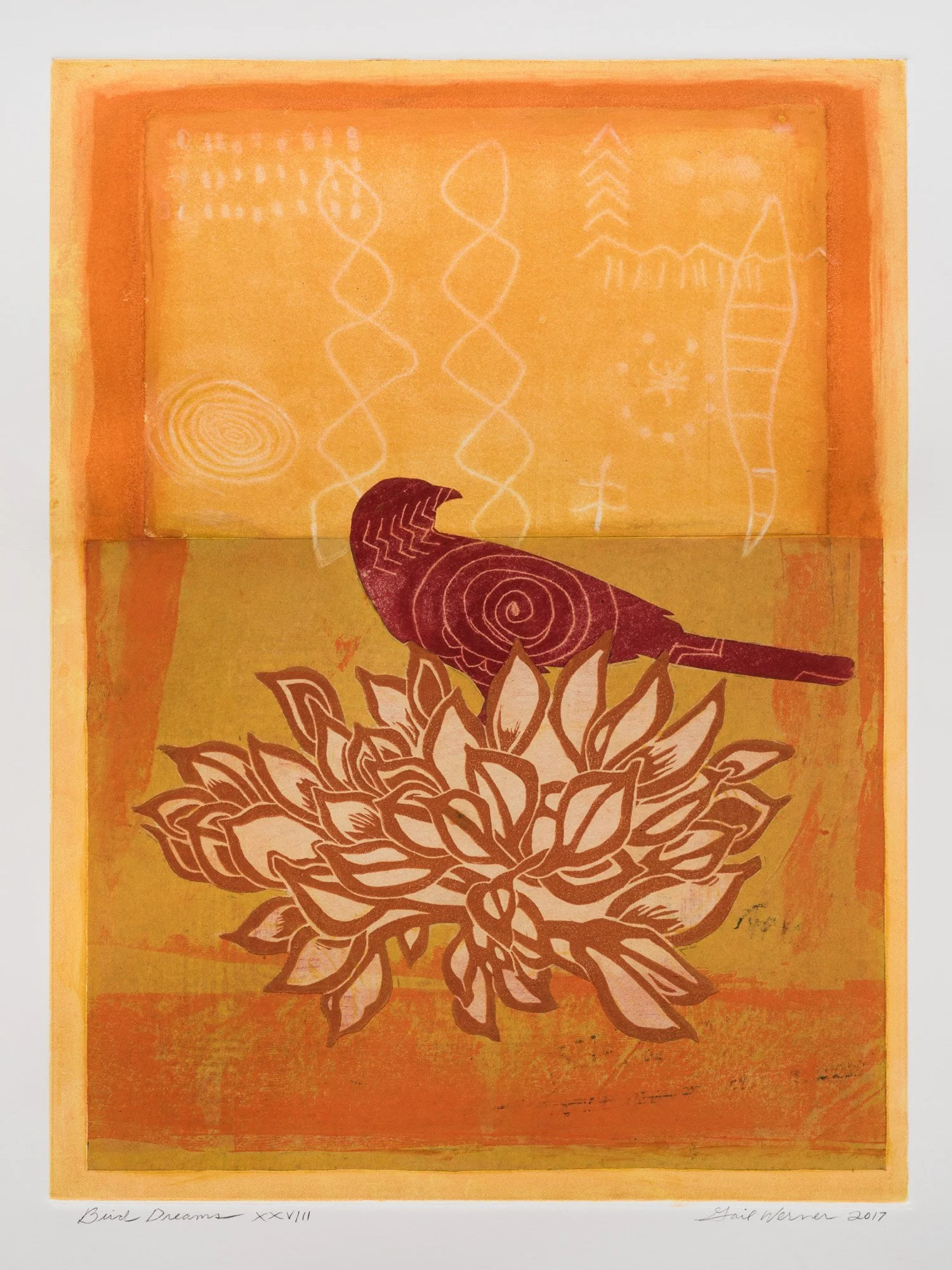 Monotype painting by Gail Werner "Bird Dreams XXVIII" varying orange and yellow squares with a red bird in a nest with white markings