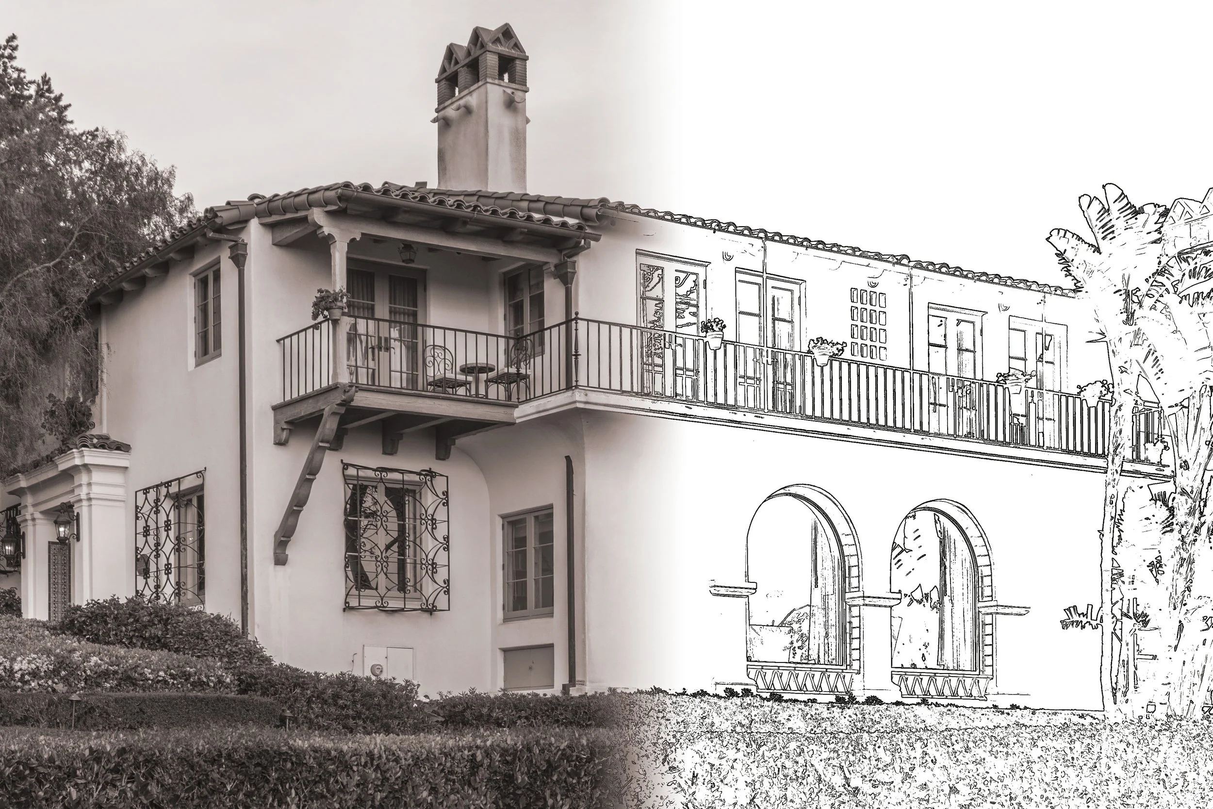exterior image of a home that fades from left to right from the image of the home to the architectural drawing of the home. Spanish styled and white.