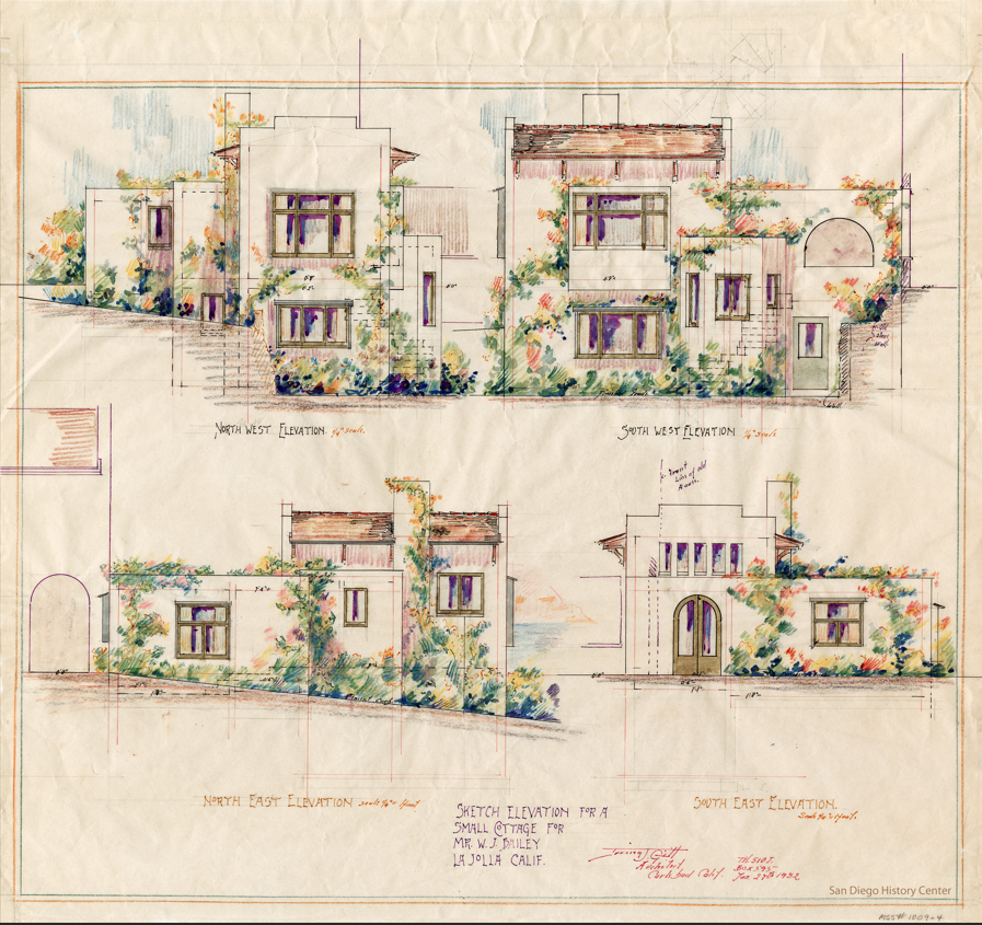 architectural drawing of exterior home with lots of windows and flowers growing up the sides.