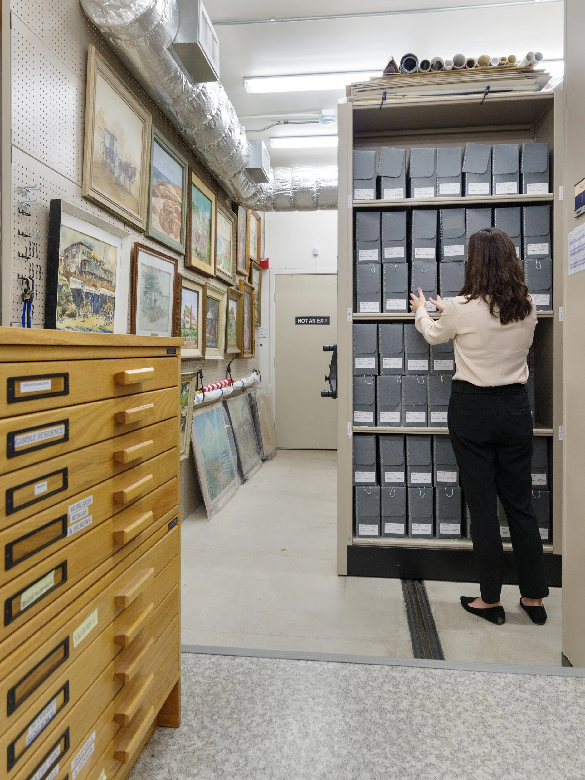 A woman stands with her back to the viewer amidst a series of library shelves.