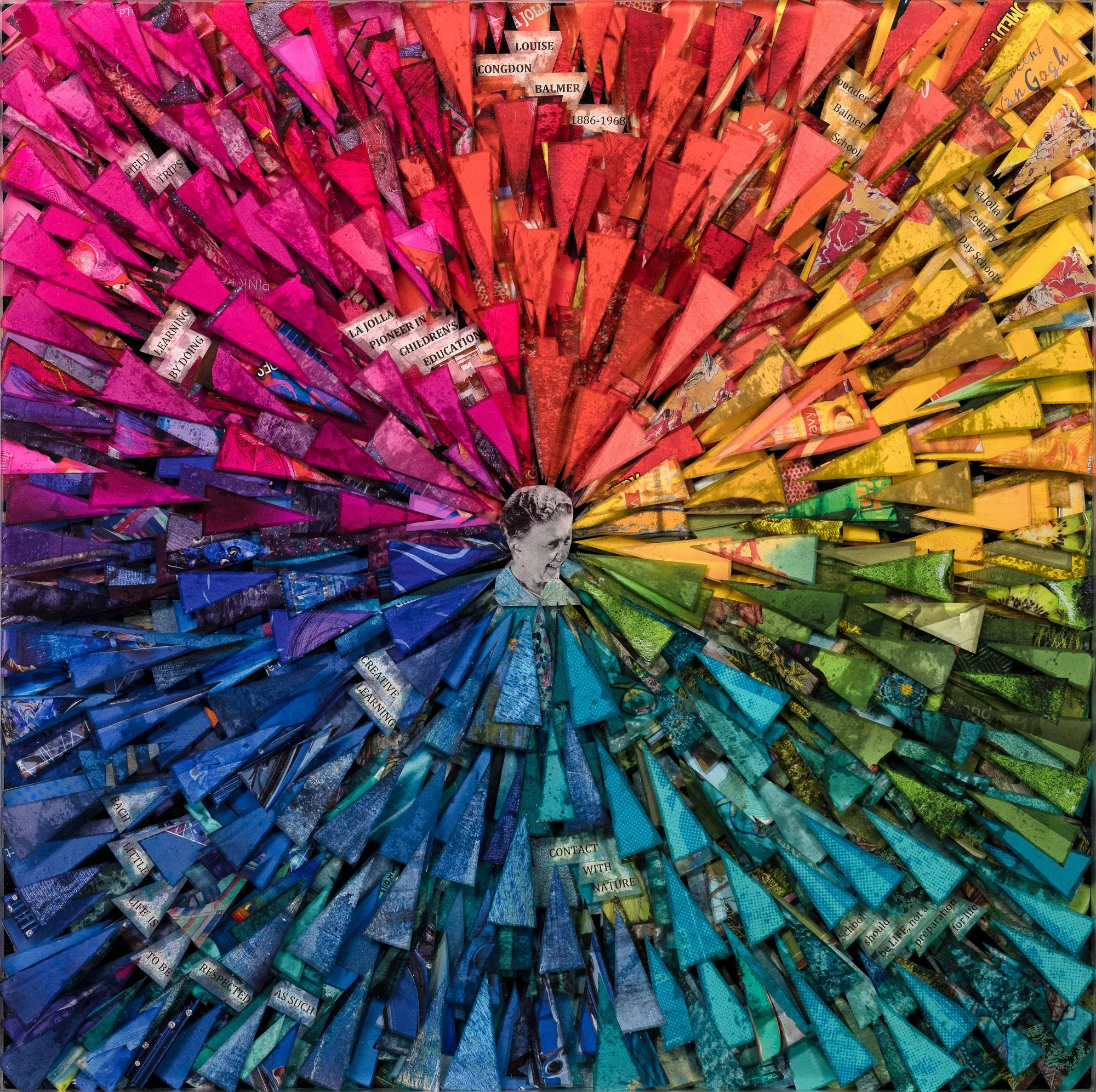 A colorful collage with rainbow triangular shapes encircling a small black and white image of Louise Balmer.