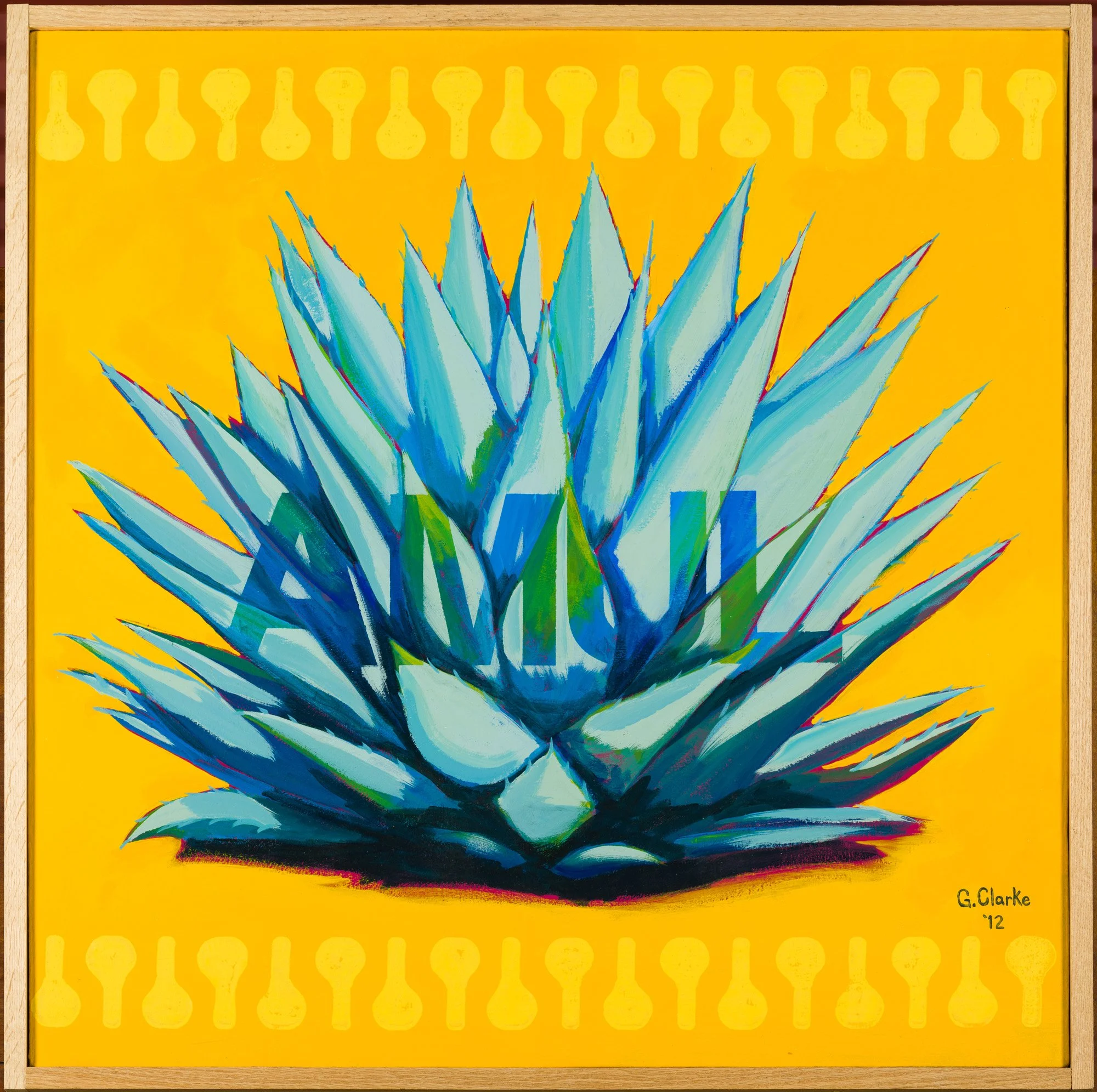 A detail of a painting by artist Gerald Clarke of an agave plant in blue against a yellow background.