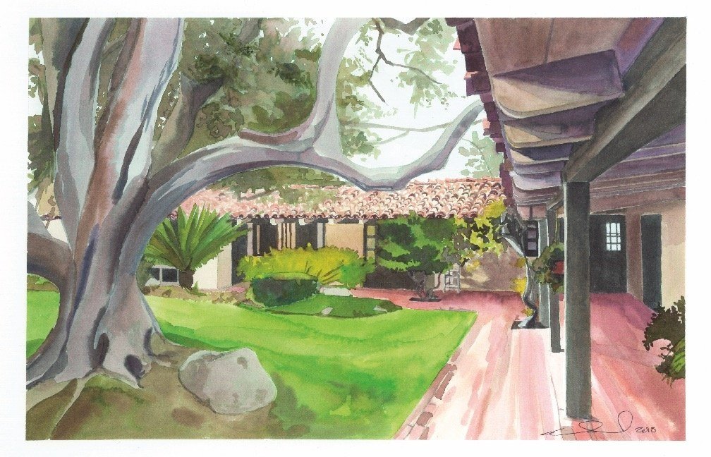 watercolor painting of the courtyard of a Spanish style home with a large tree in the foreground