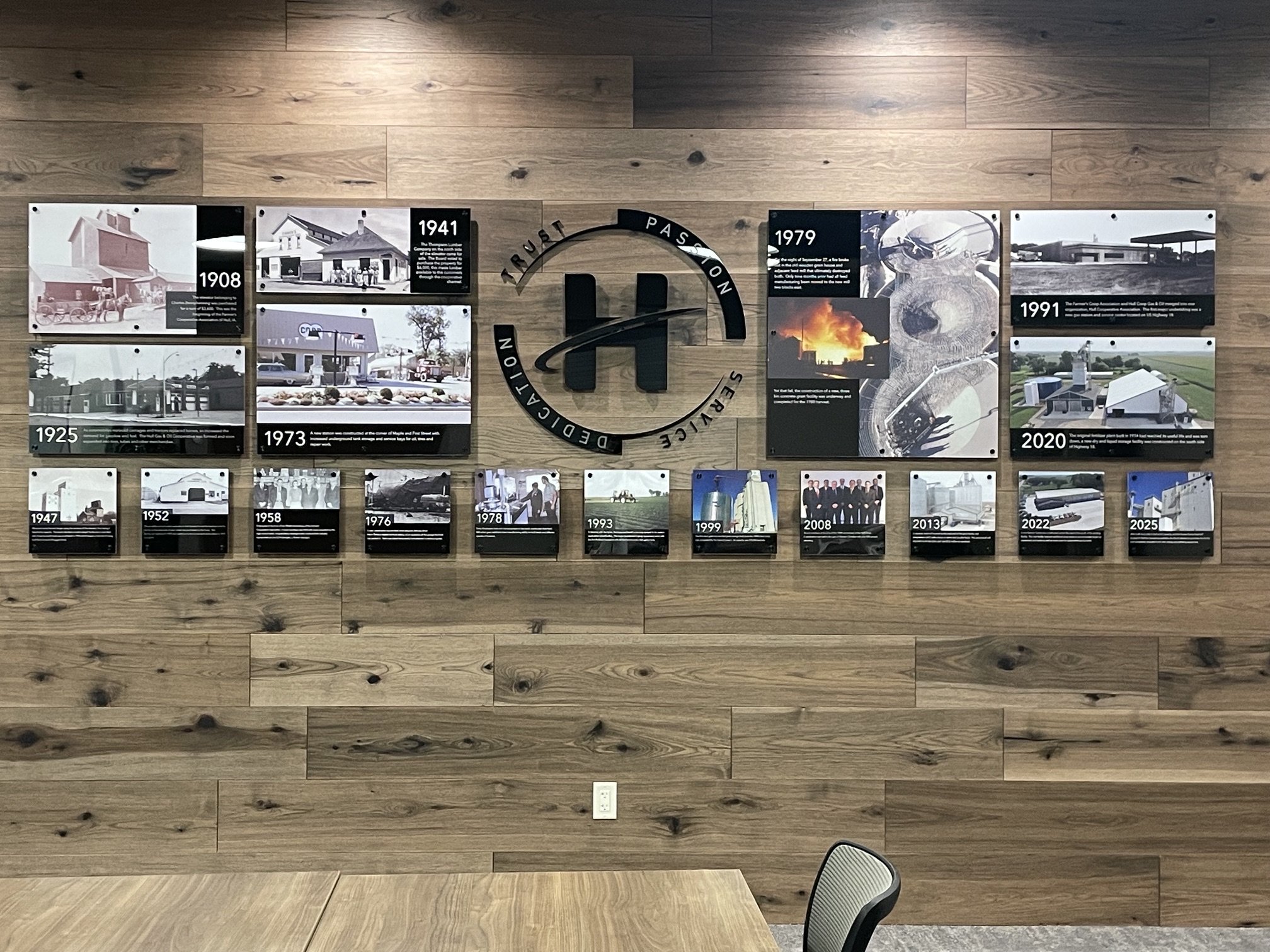 Wood-paneled wall with historical photographs and information panels, a central logo that reads 'Trust Pass - Dedication,' and part of a desk and office chair visible in the lower right corner.