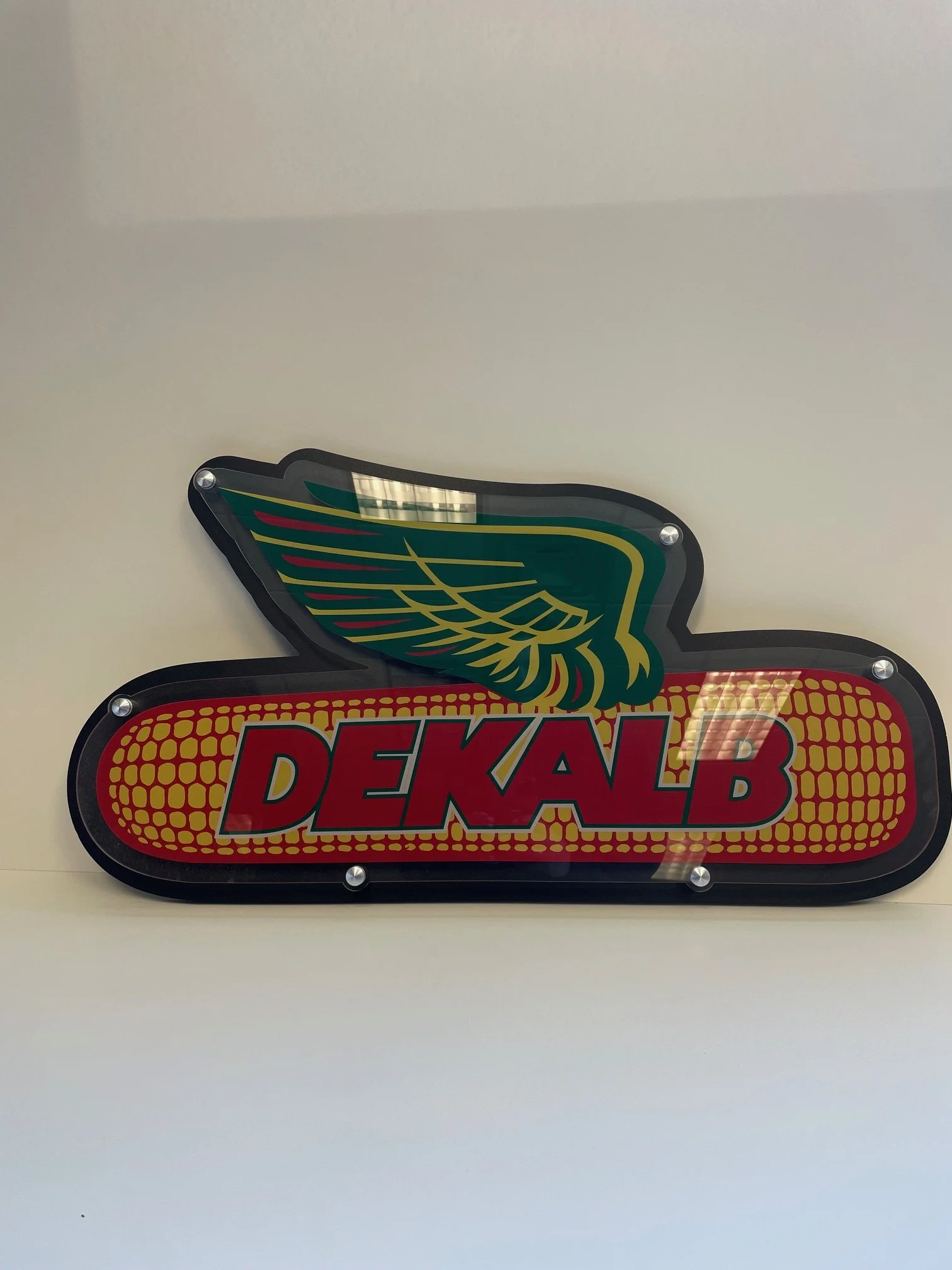 Close-up of a decal or sign with a green and yellow stylized wing design above the word "DEALB" in red letters on a yellow background with a dotted pattern, all enclosed in a black border.