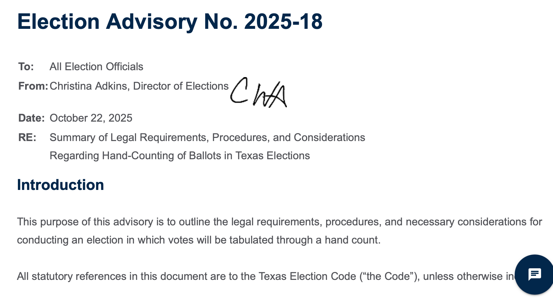 Official document titled 'Election Advisory No. 2025-18' from Christina Adkins, Director of Elections, dated October 22, 2025, about legal requirements and procedures for counting ballots in Texas elections.