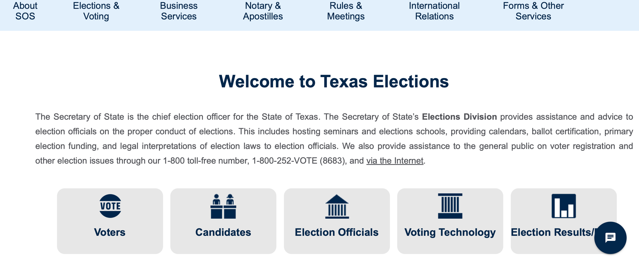 Screenshot of the Texas Elections Division webpage, featuring a welcome message, informational text about election duties, and icons linking to sections on voters, candidates, election officials, voting technology, and election results.