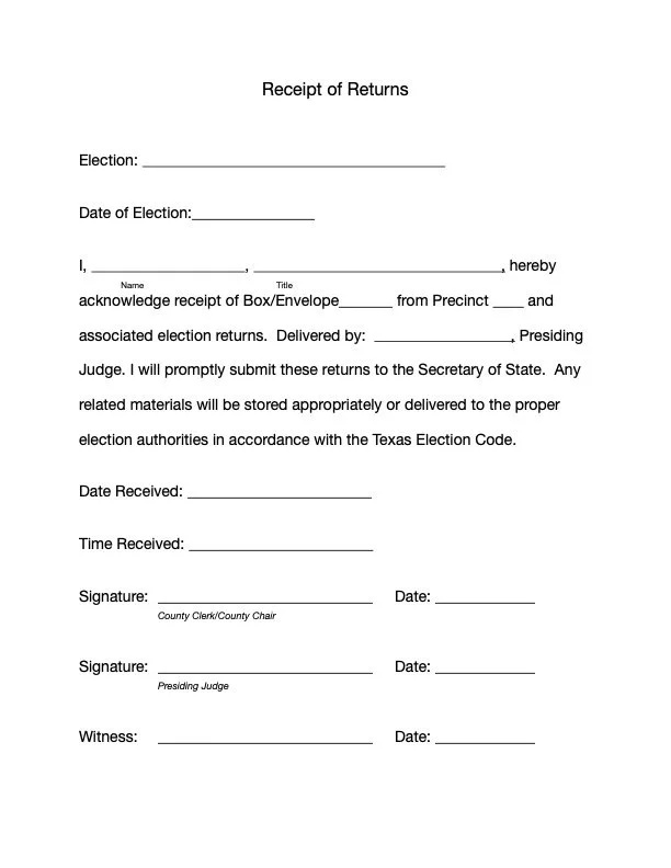 A blank election receipt form titled 'Receipt of Returns' with fields for election details, recipient information, delivery details, signatures, and dates.