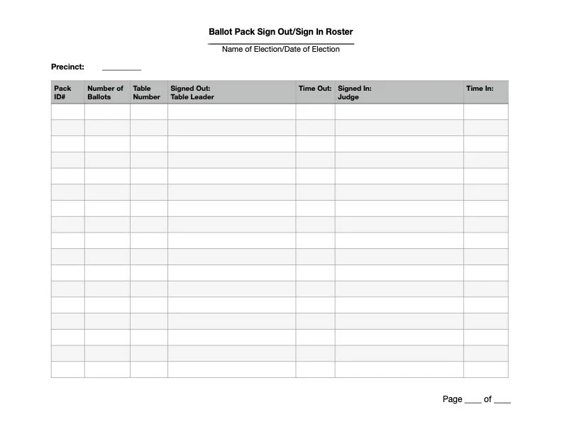 Blank ballot pack sign-out/sign-in sheet for election, with columns for precinct, pack ID, number of ballots, table number, signed out by, time out, signed in by, time in, and table leader.