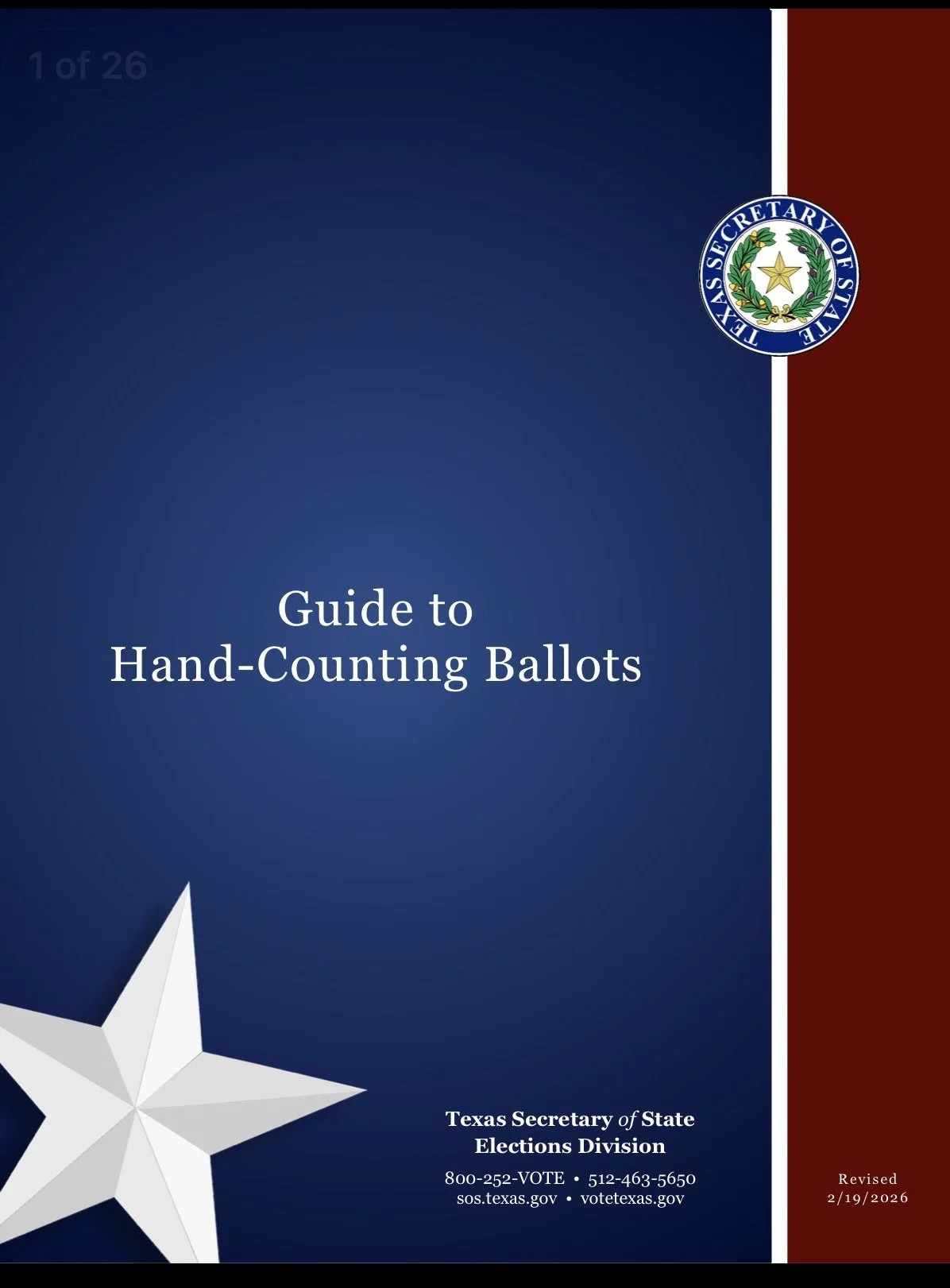 Cover of a guide titled 'Guide to Hand-Counting Ballots' published by the Texas Secretary of State Elections Division. The cover features a large white star, a blue background with a red and white stripe on the right side, and the Texas Secretary of State seal at the top right. There are contact details and a revision date of 2/19/2026 at the bottom right.