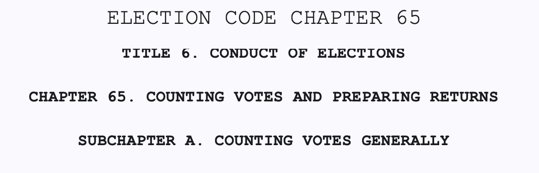 Excerpt from Election Code Chapter 65 on conducting elections, counting votes, and preparing returns.
