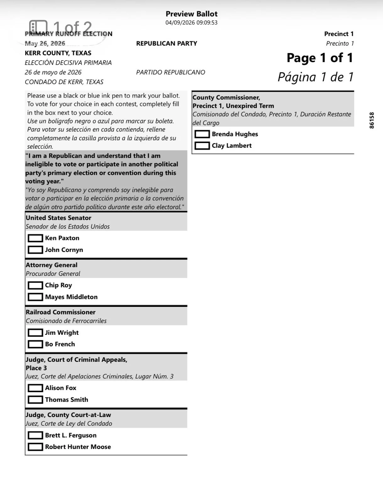 Preview ballot used for training for the Republican Party primary election in Kerr County, Texas, dated May 26, 2026, showing various candidate options and instructions in English and Spanish.