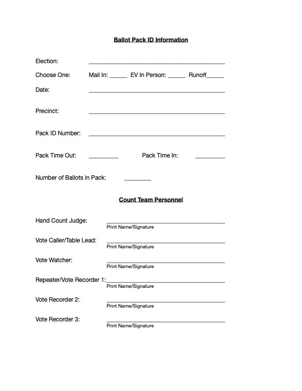 A blank ballot pack ID information form with sections for election details, pack details, and personnel signatures.