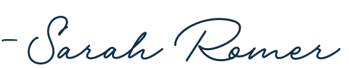 Elegant handwritten script of the name 'Sarah Romer' on a black background.