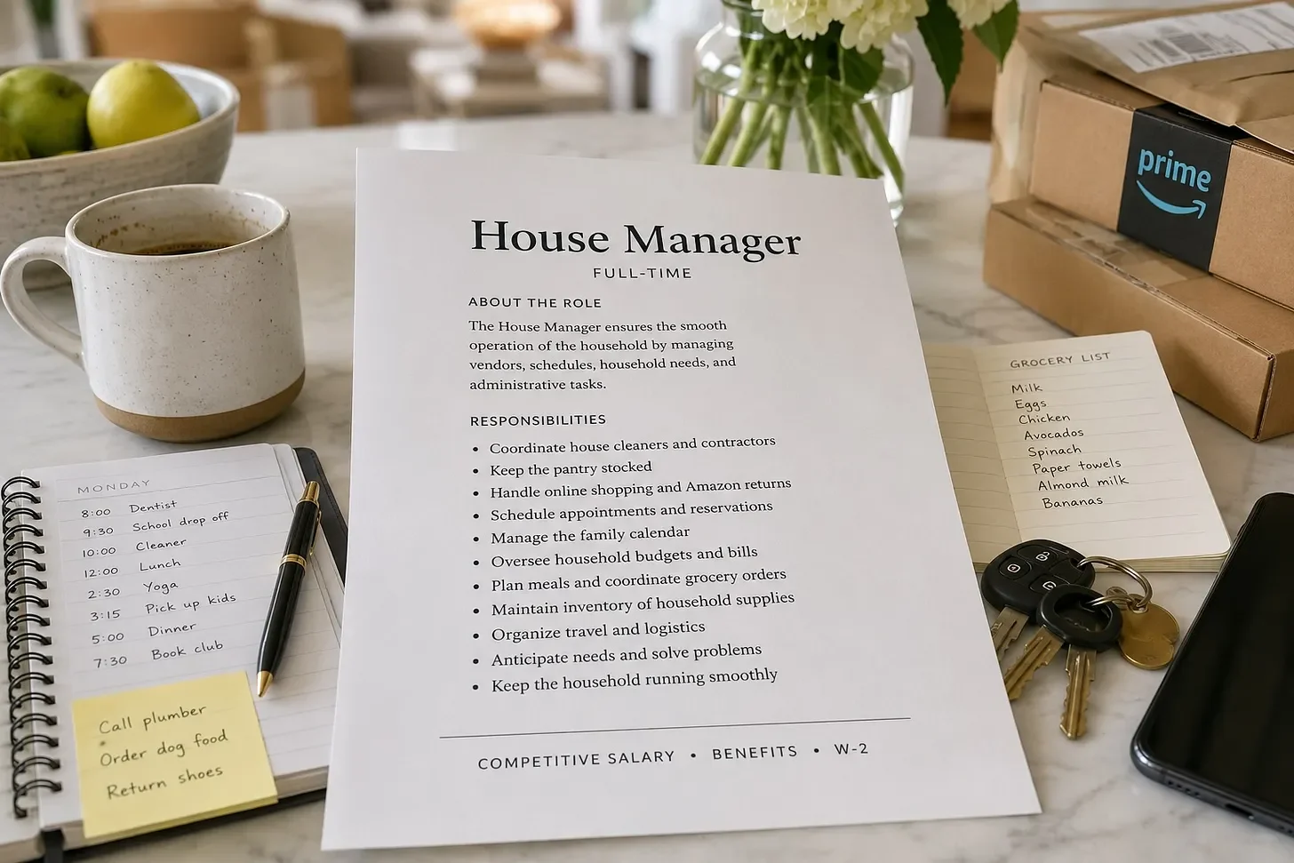 A house manager job application, a coffee cup, a planner with a to-do list, a grocery list, keys, Amazon boxes, and a mobile phone on a kitchen counter with flowers in a vase.