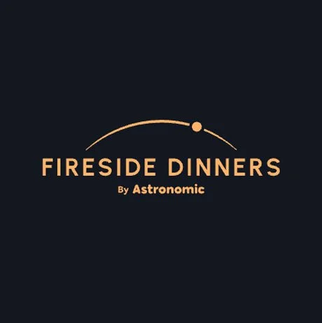 Logo for FIRESIDE DINNERS by Astronomic featuring a stylized orbit with a planet and a star on a black background.