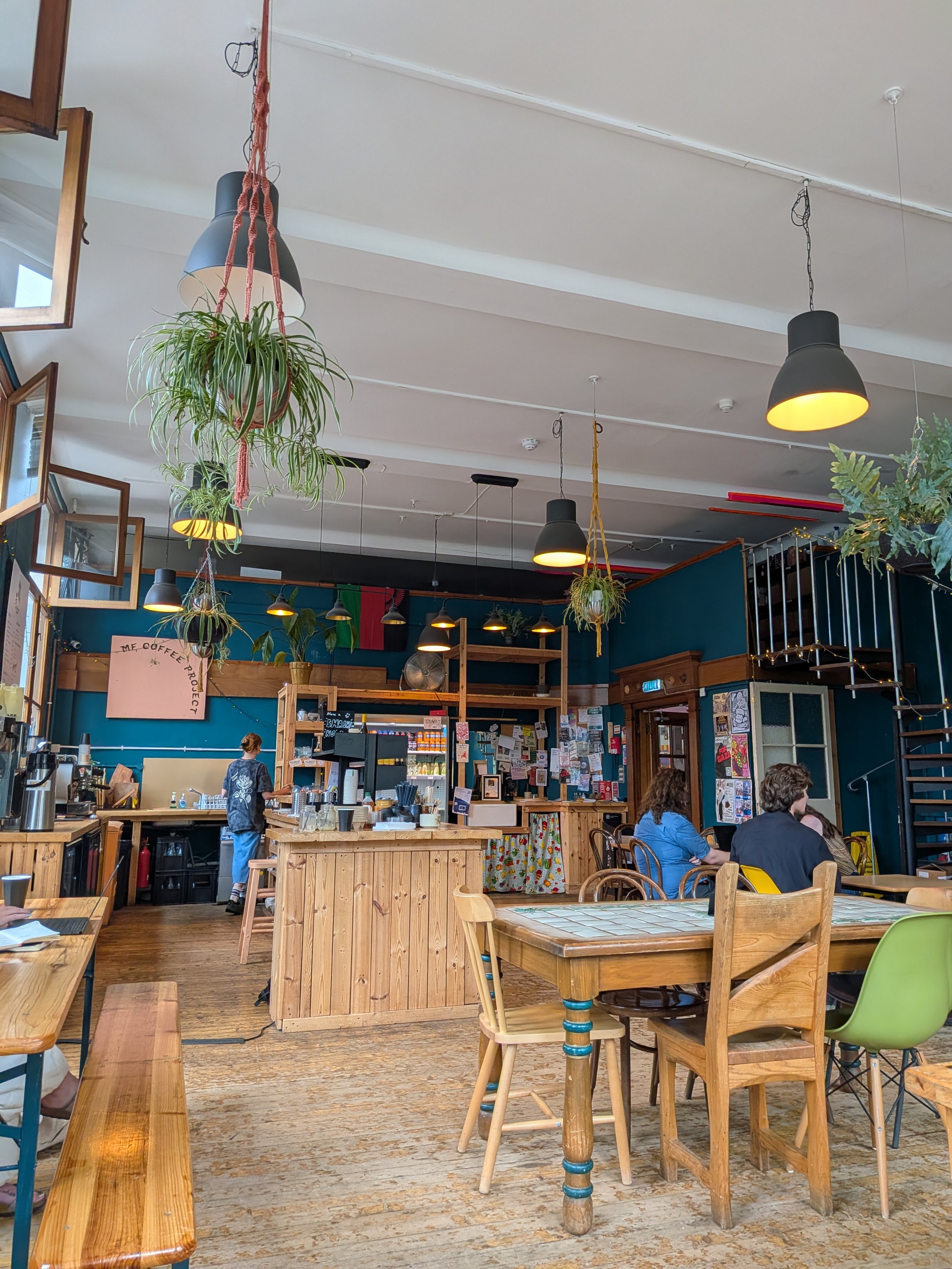 Inside of a cafe with wooden tables and counters, hanging plants, and open windows